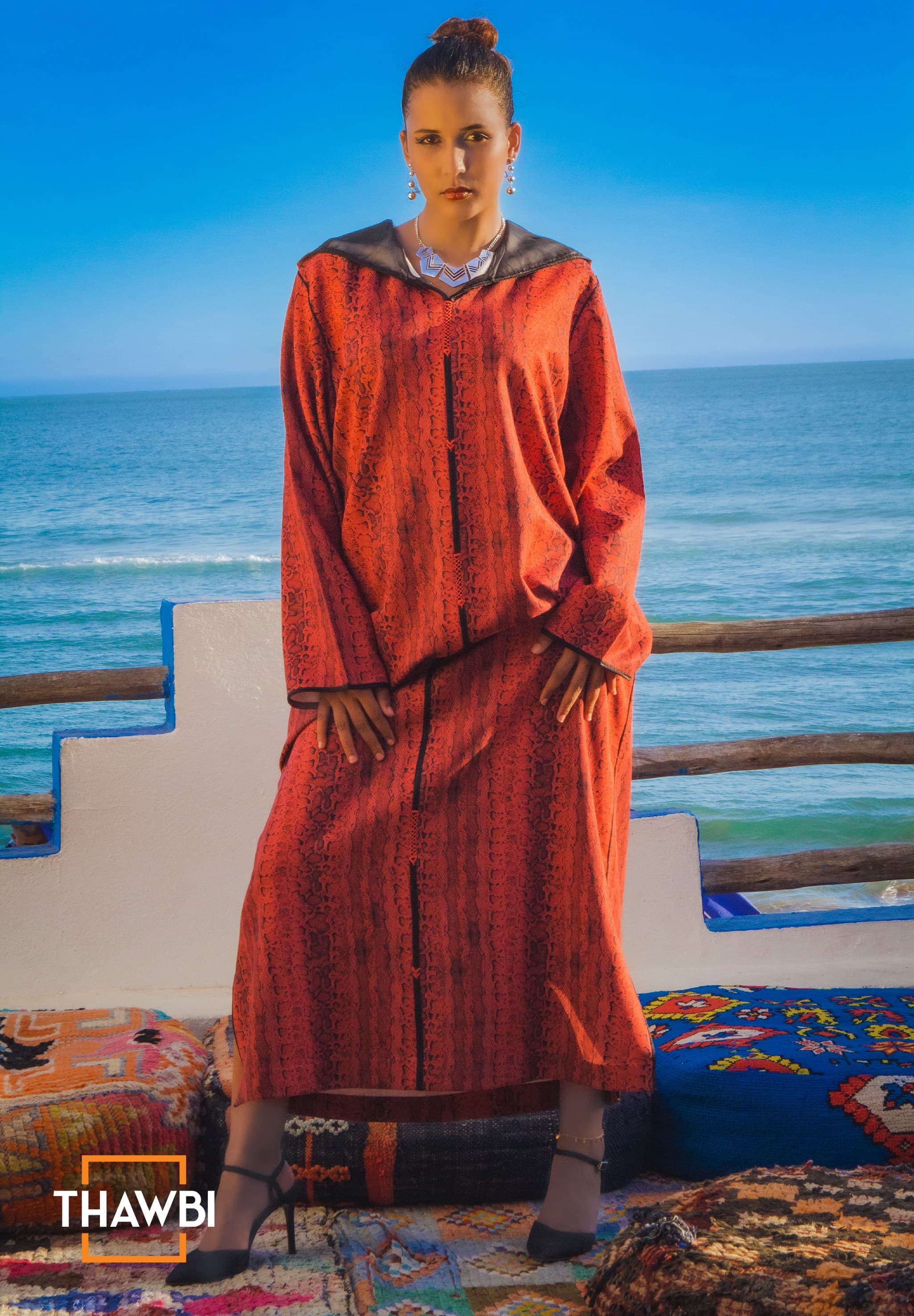 Handmade Moroccan Jellaba: Red Snake Print Caftan - image 3