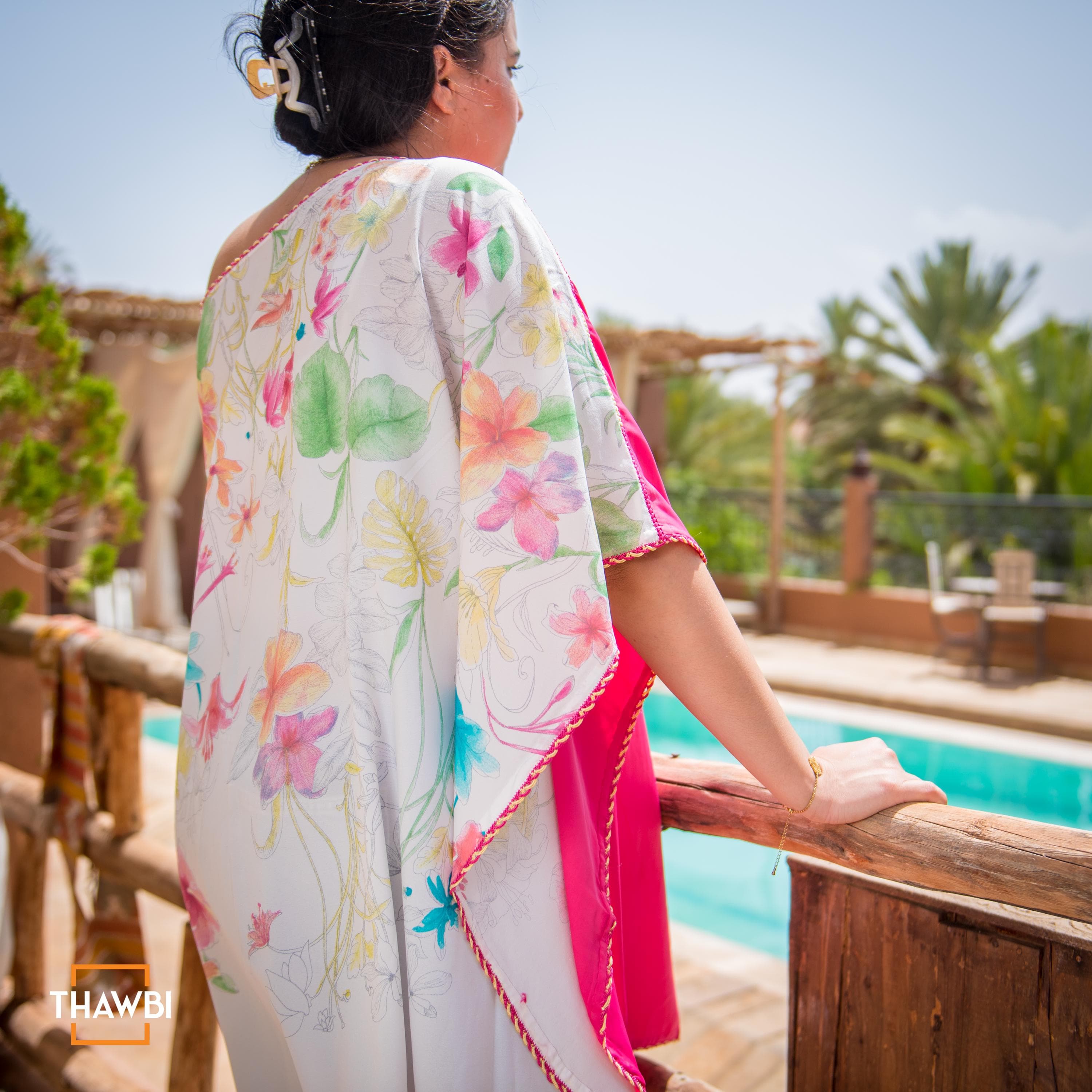 Bohemian Pink Asymmetrical Poncho Top with Floral Print – Off-Shoulder Neckline Tunic - image 3