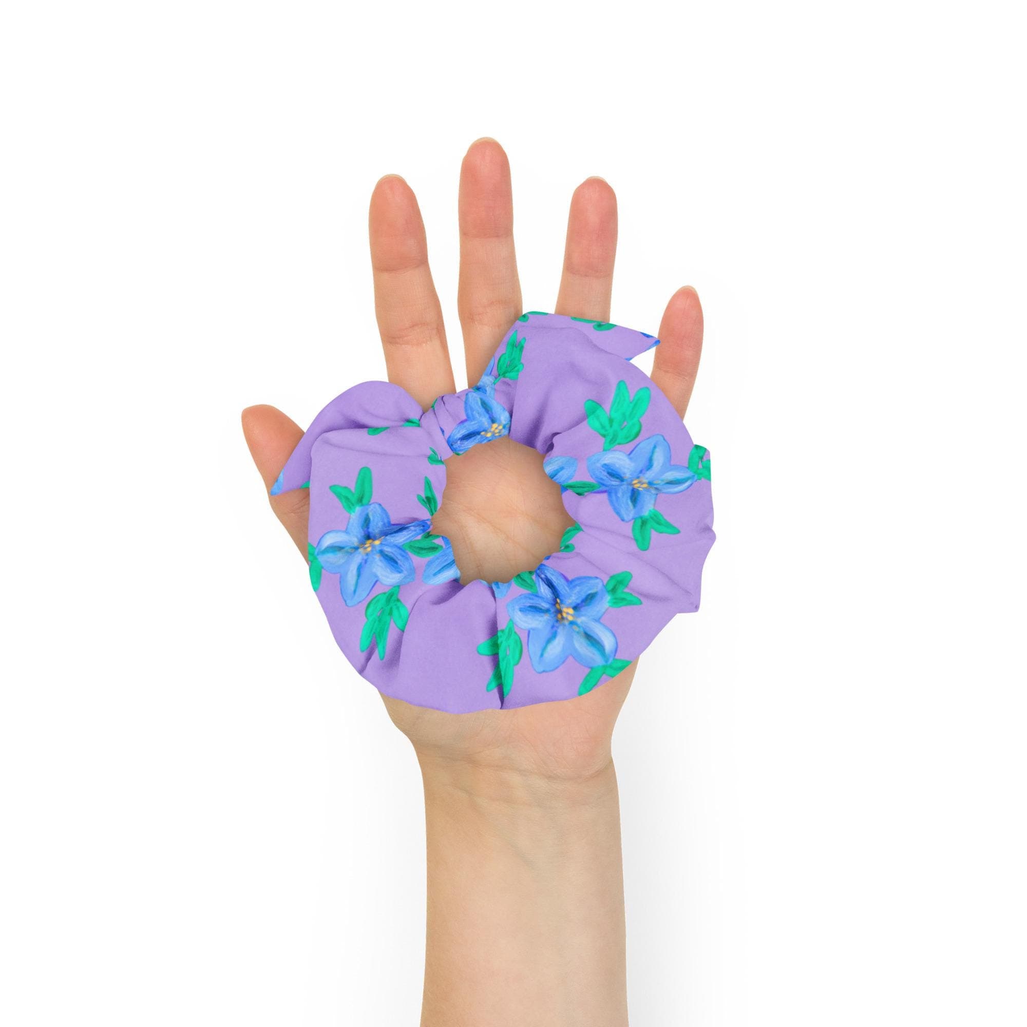 Purple Forget Me Not Floral Ponytail Holder, Large Recycled Bow Scrunchie, Girls Cute Hair Cuff