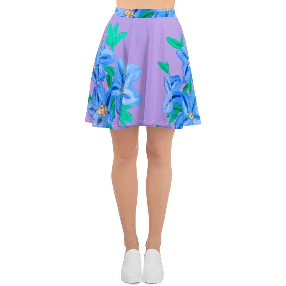 Purple Floral Skater Skirt: Elastic Waist Ruffle Hem