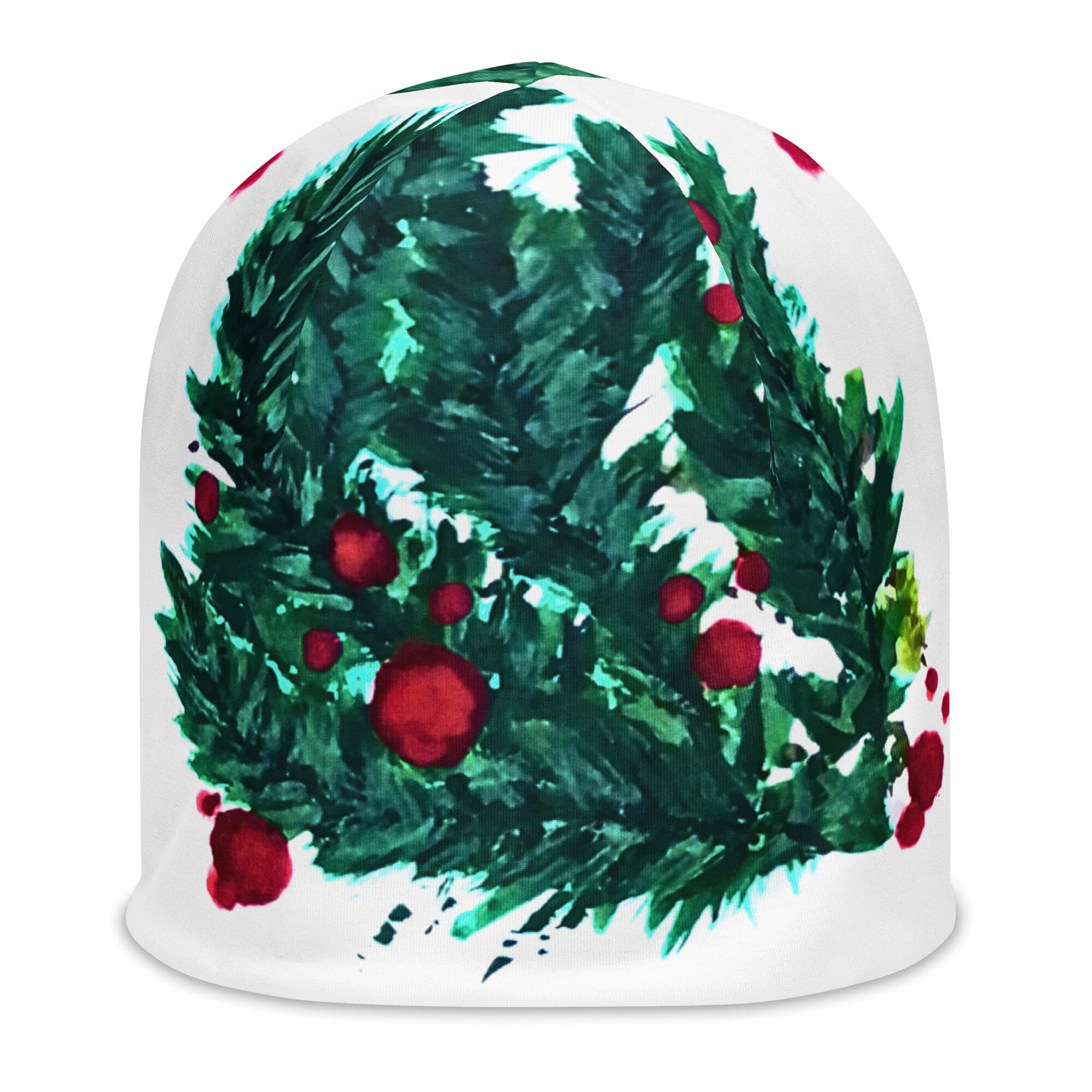 Winter Beanie Hat: Hand-Painted Christmas Wreath Design