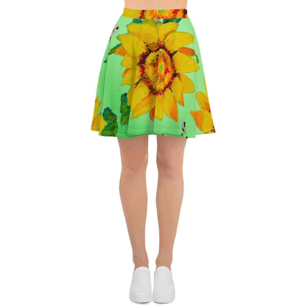 Sunflower Skater Skirt: Floral Ruffle Pleated Skirt, Elastic Waist