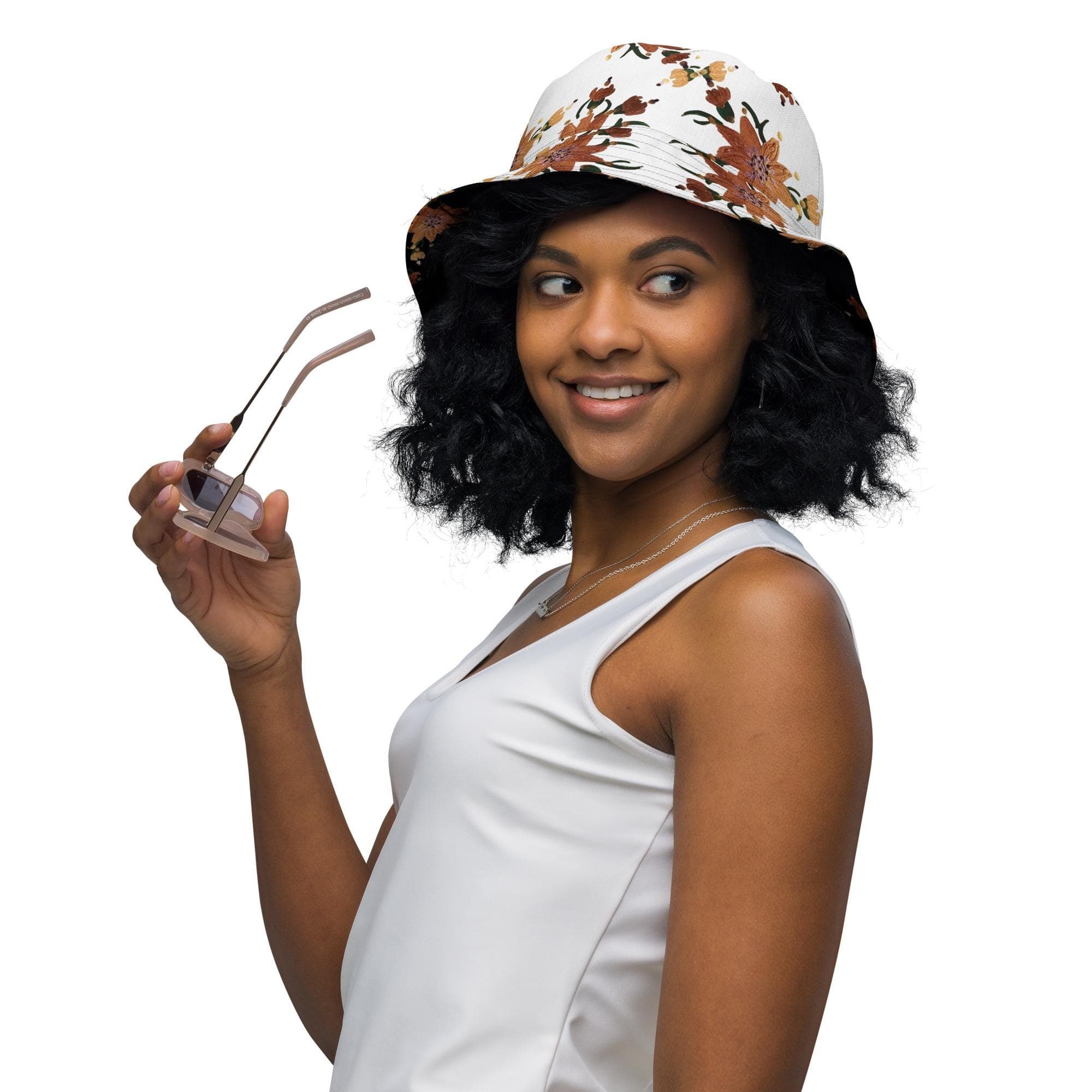 Shimmering Gold Flower Bucket Hat, Reversible Wide Brim Gardening Hat, Cool Ruffle Hiking Hat