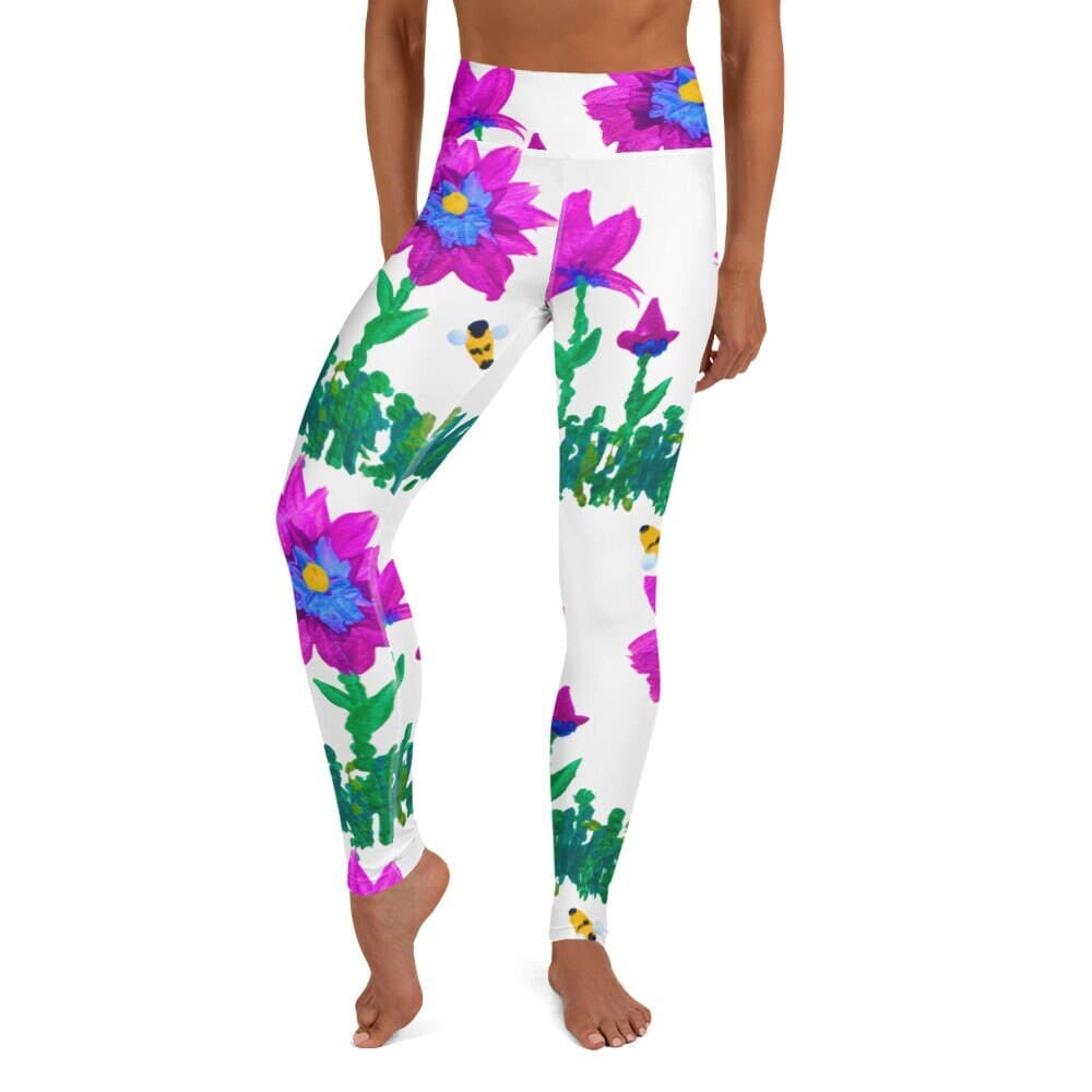 Floral Yoga Leggings: Pink & Blue High Waist Spandex Workout Leggings