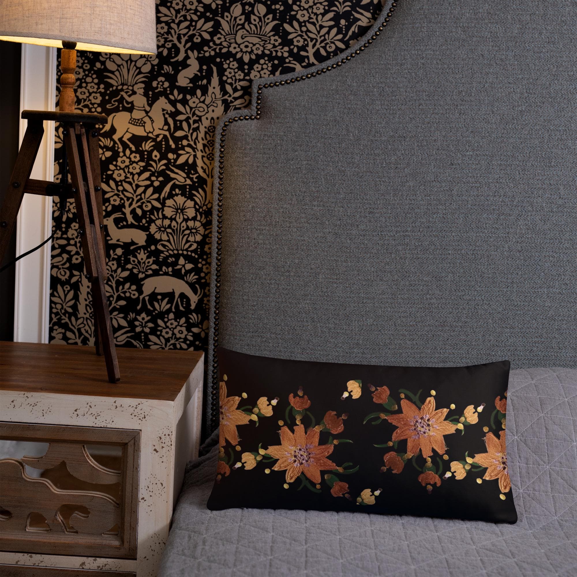 Gold Flower on Black Pillow, Festive Lumbar Pillow, Classic Throw Pillow