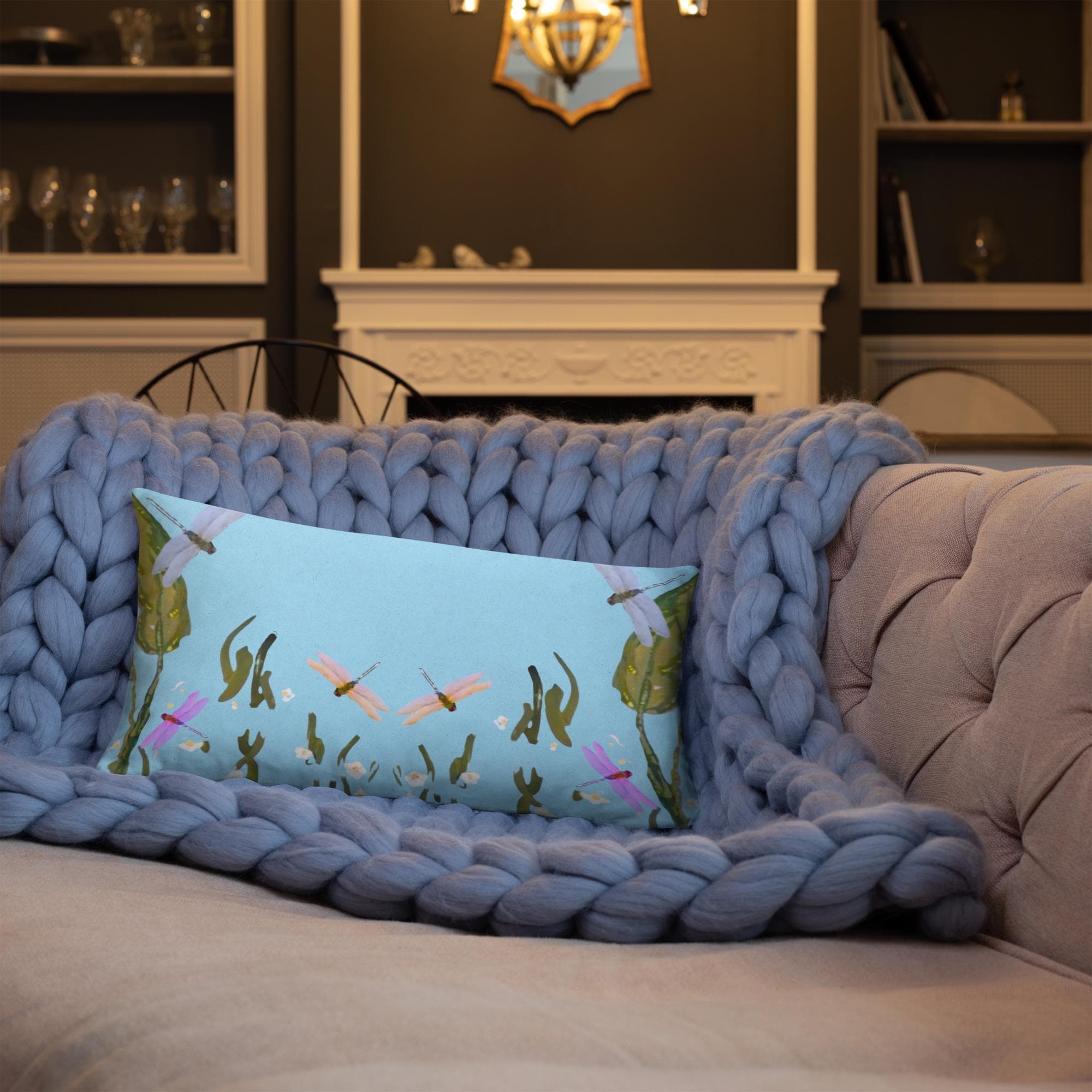 Dragonflies on Blue Throw Pillow, Whimsical Botanical Pillow, Modern Lumbar Pillow