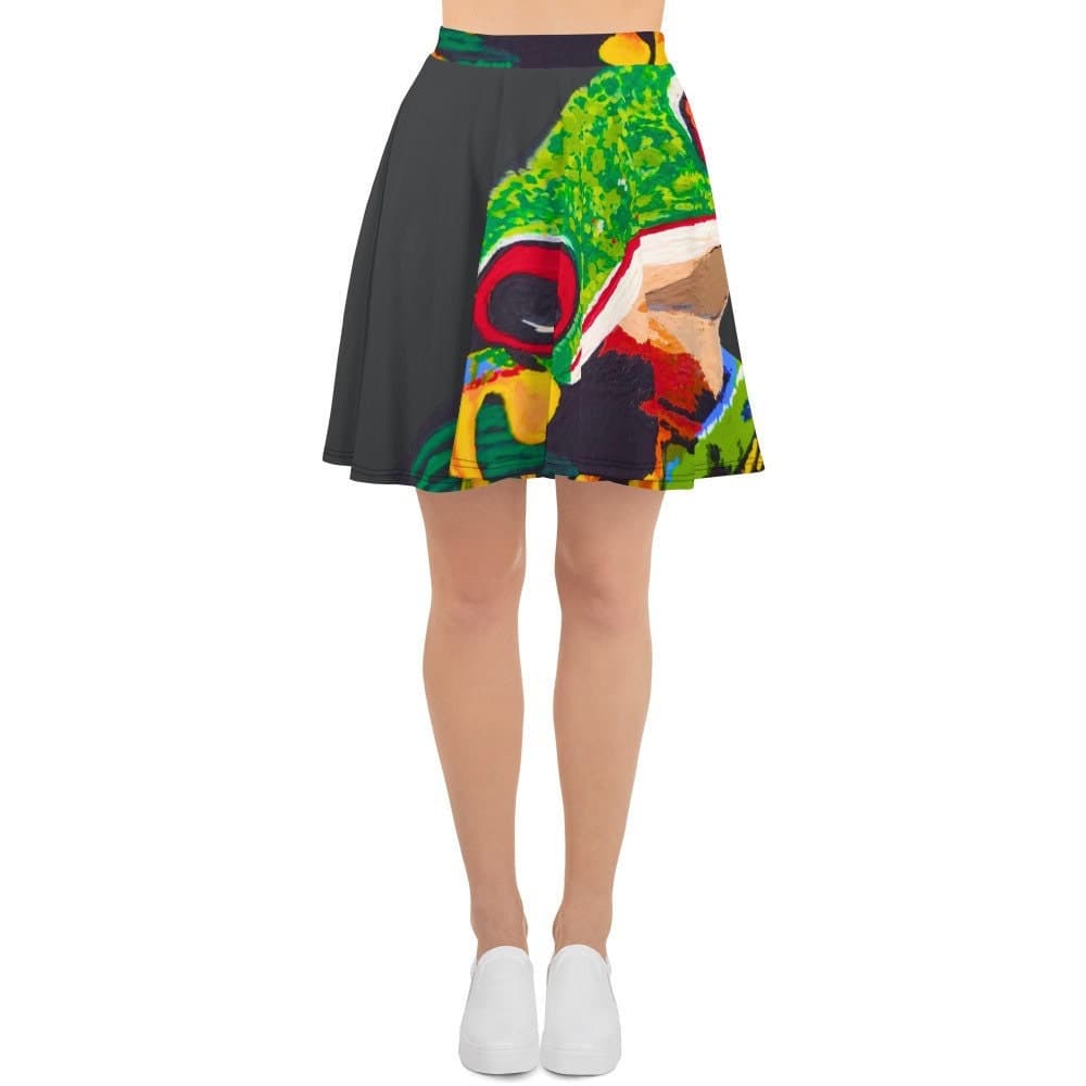 Black Skater Skirt: Ruffle Frog Print, Elastic Waist, Plus Size