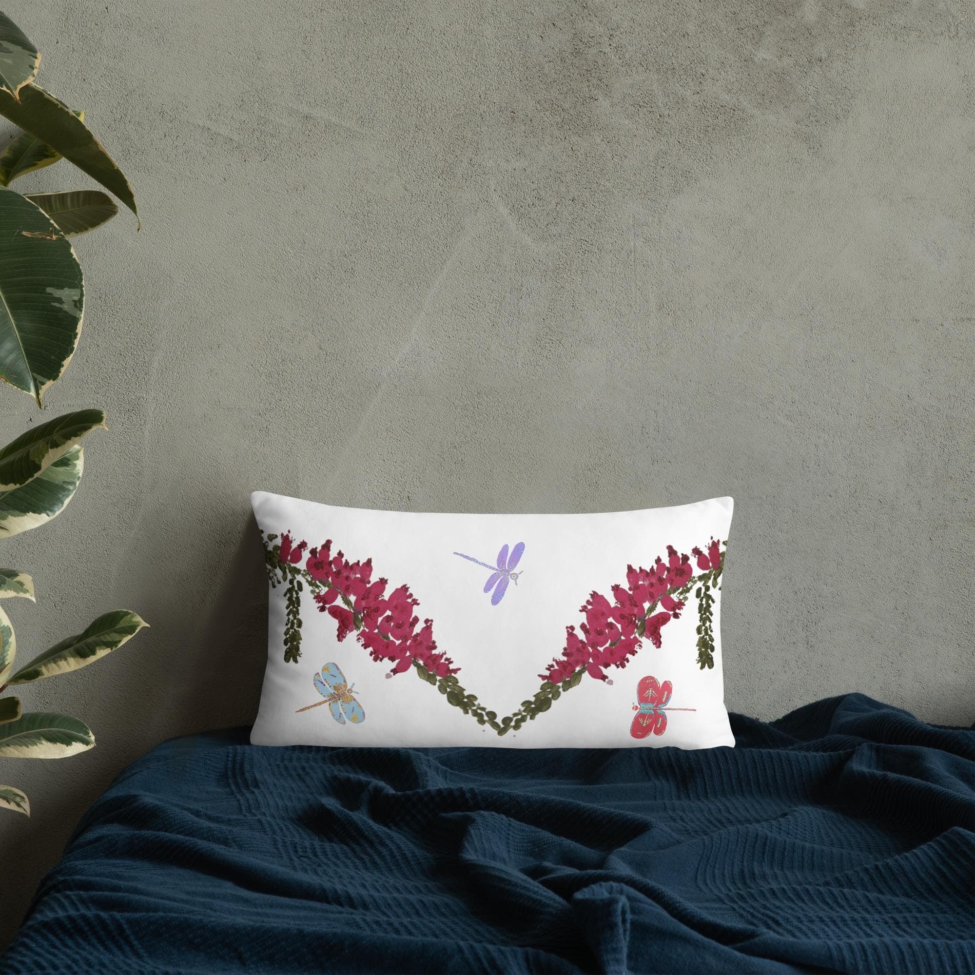 Heather Flower with Dragonflies Modern Lumbar Pillow, Colorful Spring Botanical Throw Pillow
