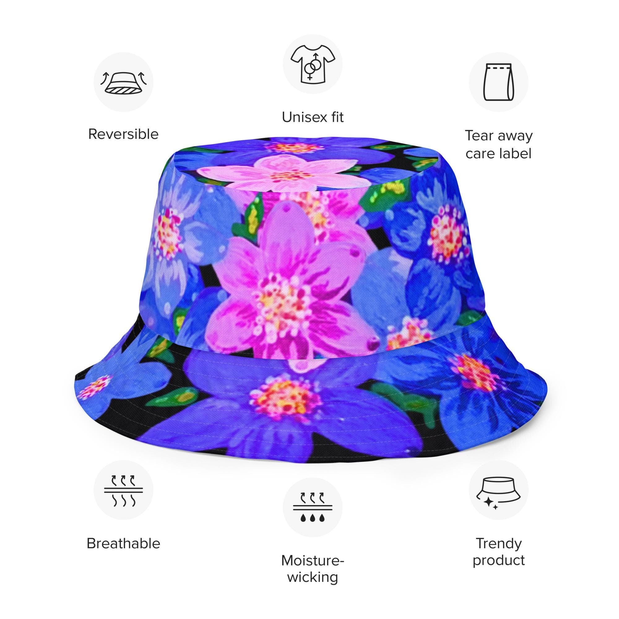 Blue Floral Reversible Gardening Hat, Cool Golf Hat, Spring Wide Brim Bucket Hat, Cloche Hat, Women's Fishing Hat