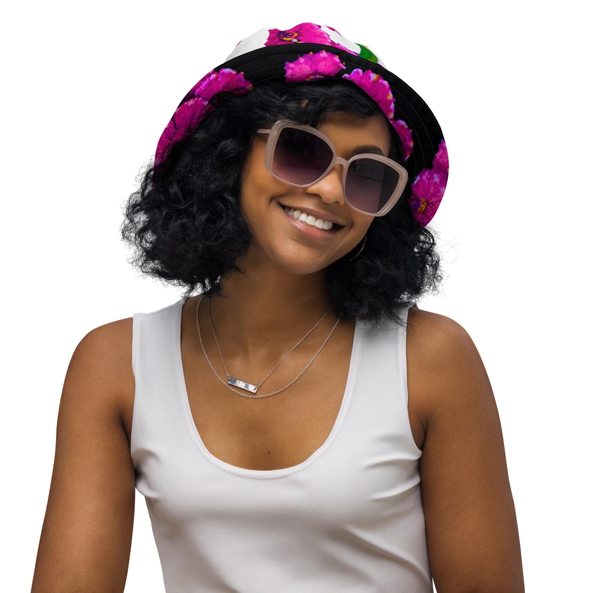 Bright Pink Flower Reversible Bucket Hat, Wide Brim Black Bucket Hat, Cool Gardening Hat
