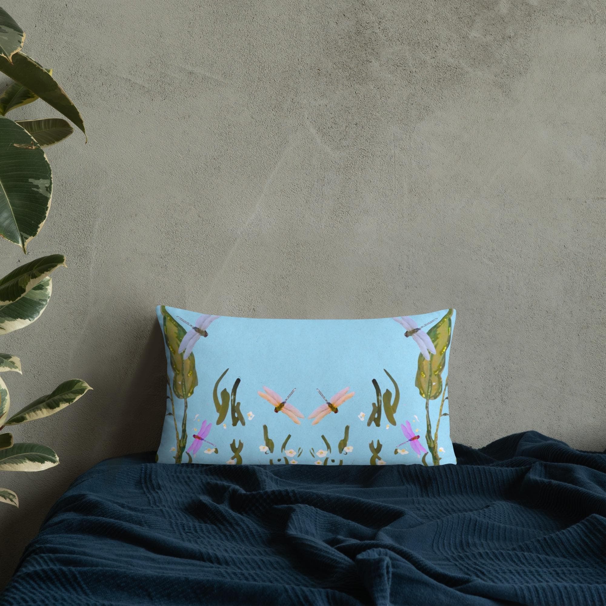 Dragonflies on Blue Throw Pillow, Whimsical Botanical Pillow, Modern Lumbar Pillow