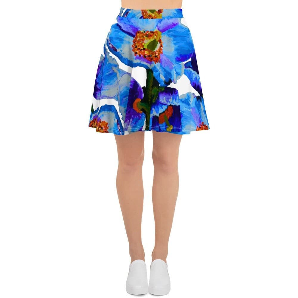 Blue Poppies Skater Skirt: Vibrant Floral Print, Elastic Waist