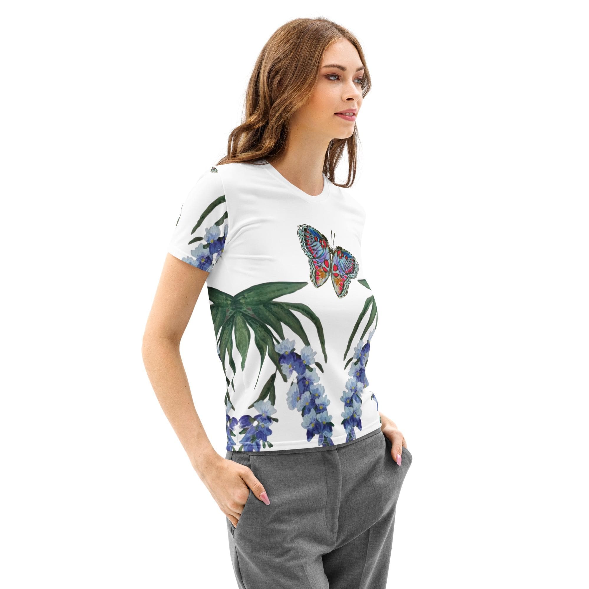 Wisteria with Monarch T-shirt, Moods Tshirt, Wild Flowers Shirt, Spring Vibes AOP Tshirt