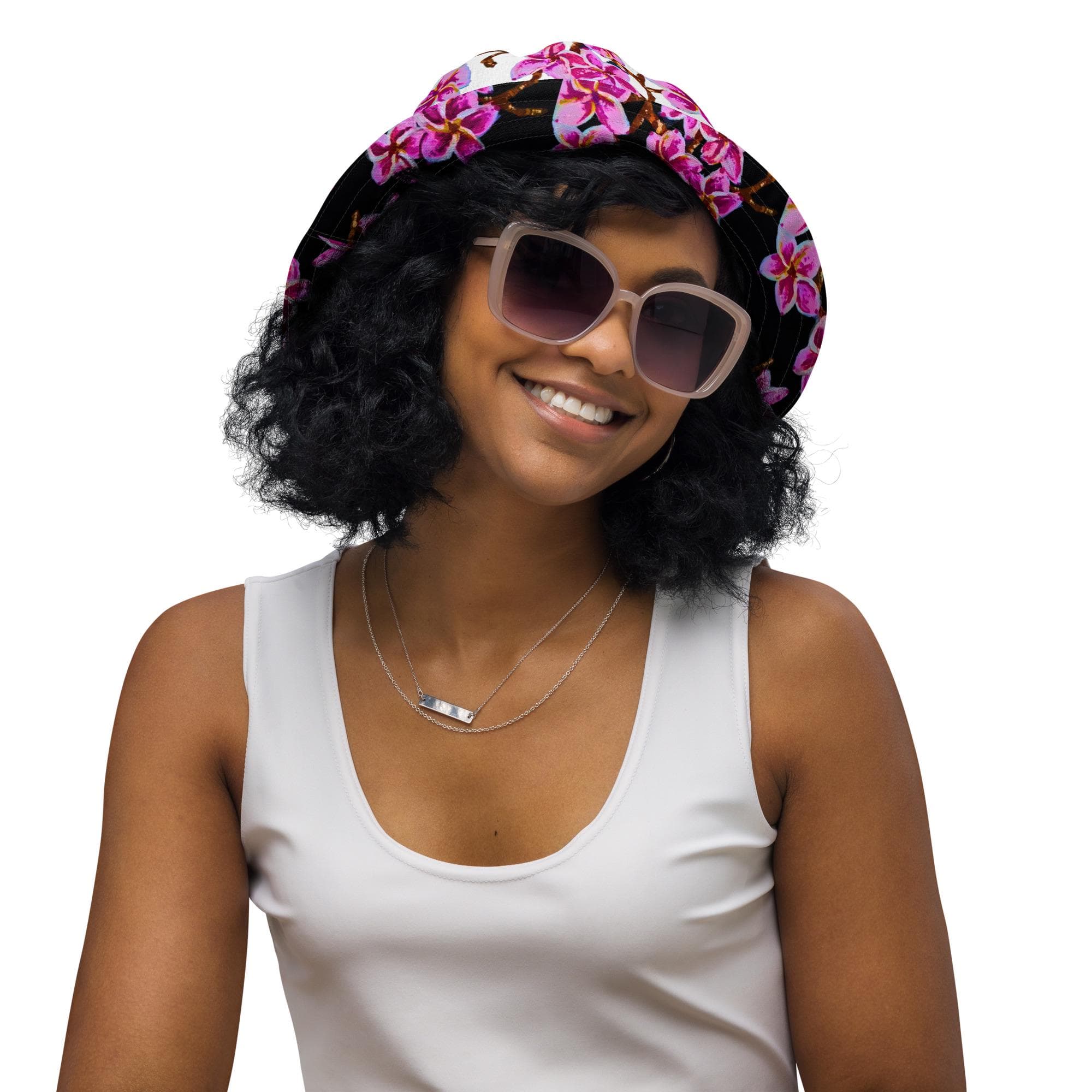 Cherry Blossom Reversible Floral Pattern Bucket Hat, Wide Brim Sun Hat, Botanical Gardening Hat