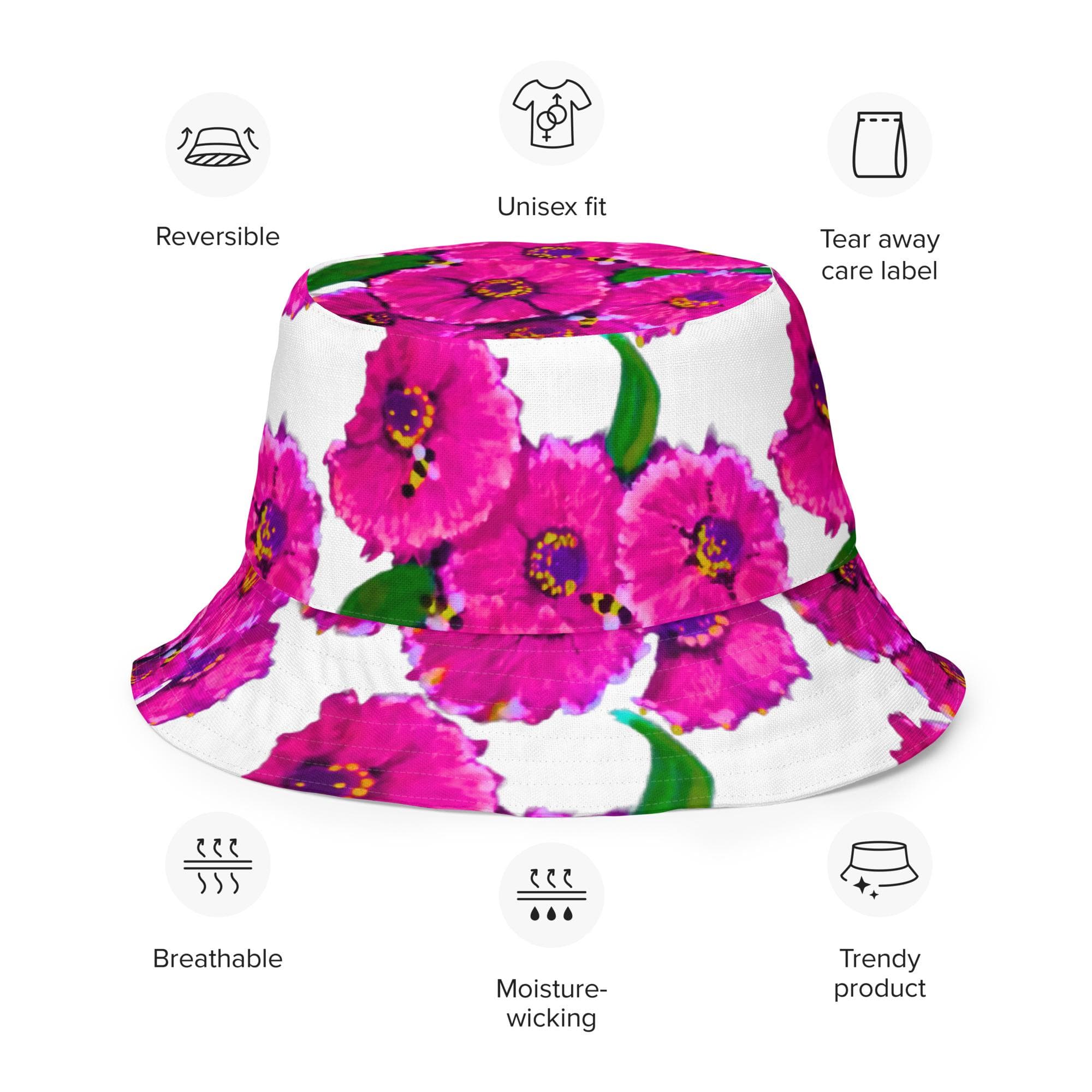 Bright Pink Flower Reversible Bucket Hat, Wide Brim Black Bucket Hat, Cool Gardening Hat