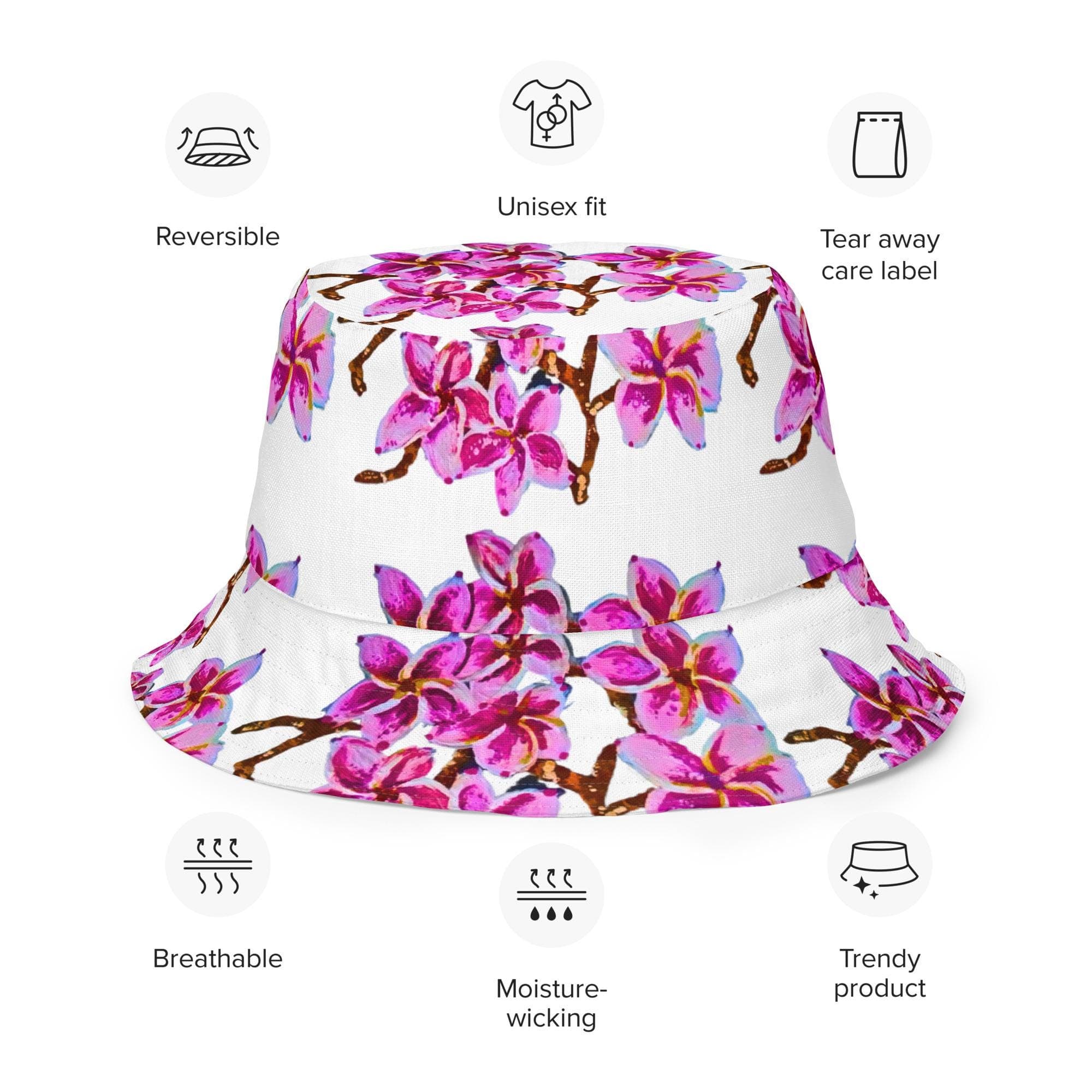 Cherry Blossom Reversible Floral Pattern Bucket Hat, Wide Brim Sun Hat, Botanical Gardening Hat