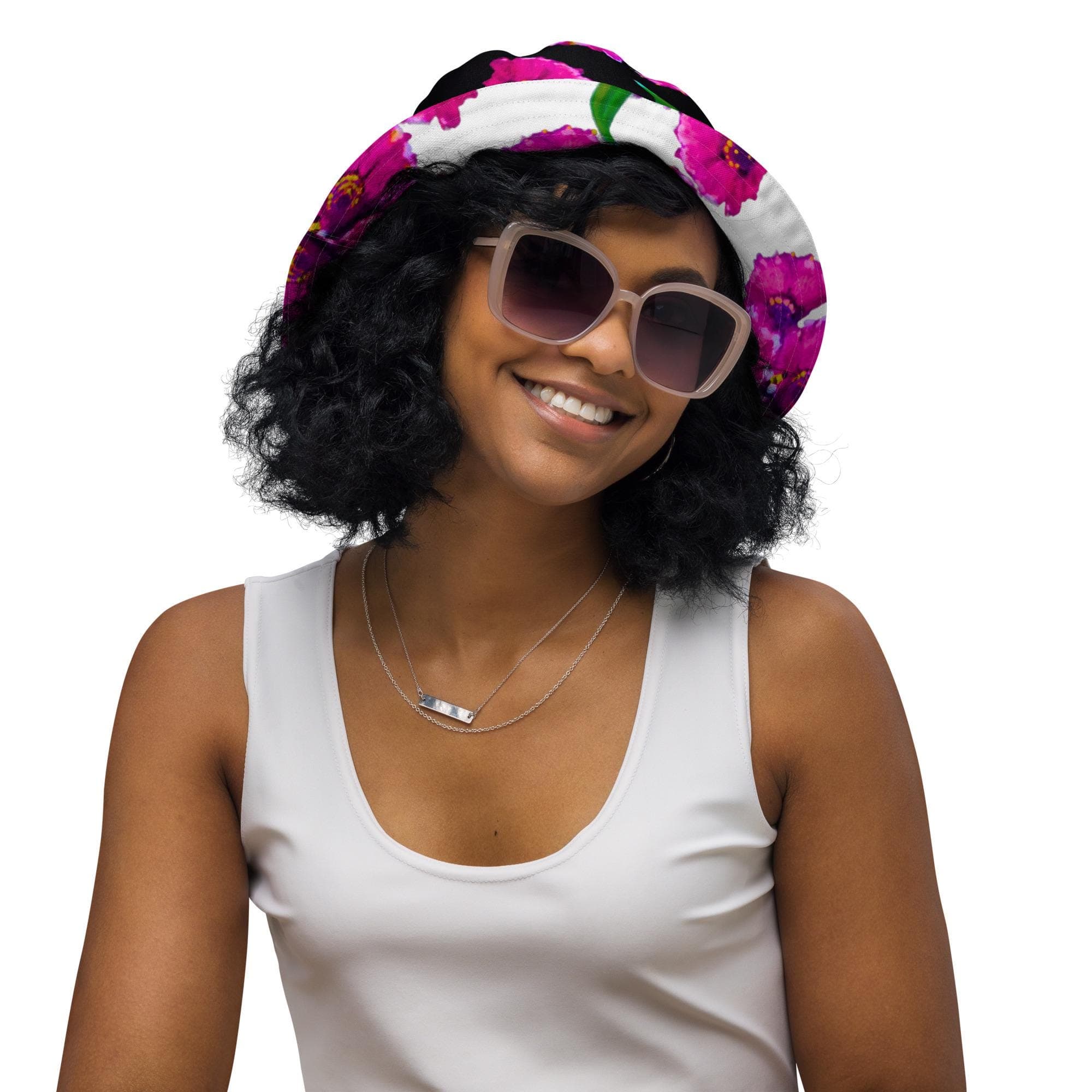 Reversible Bucket Hat: Bright Pink Flower & Black Wide Brim