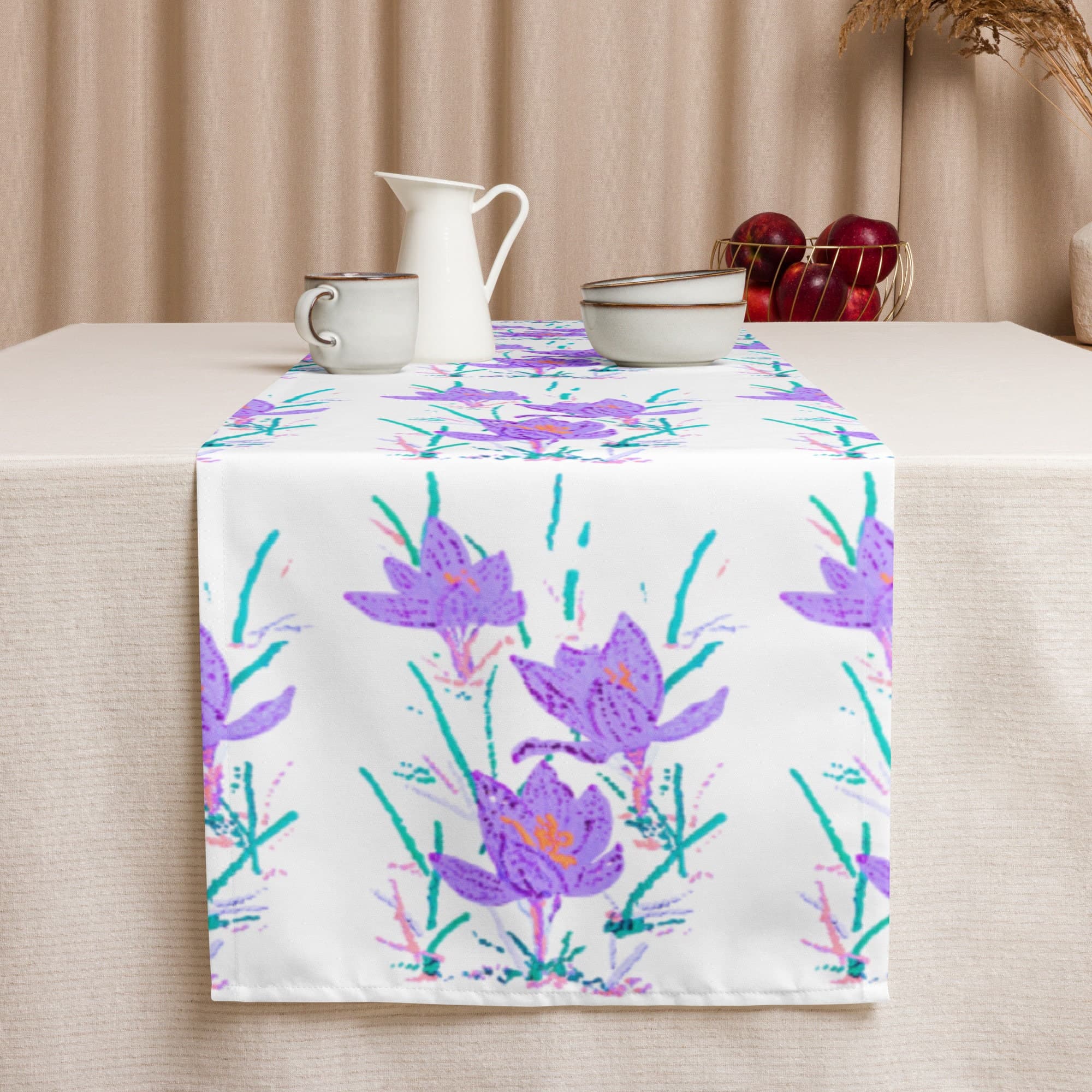 Crocus Flower Table Runner, Rustic Floral Wedding Table Runner, Colorful Spring Decor