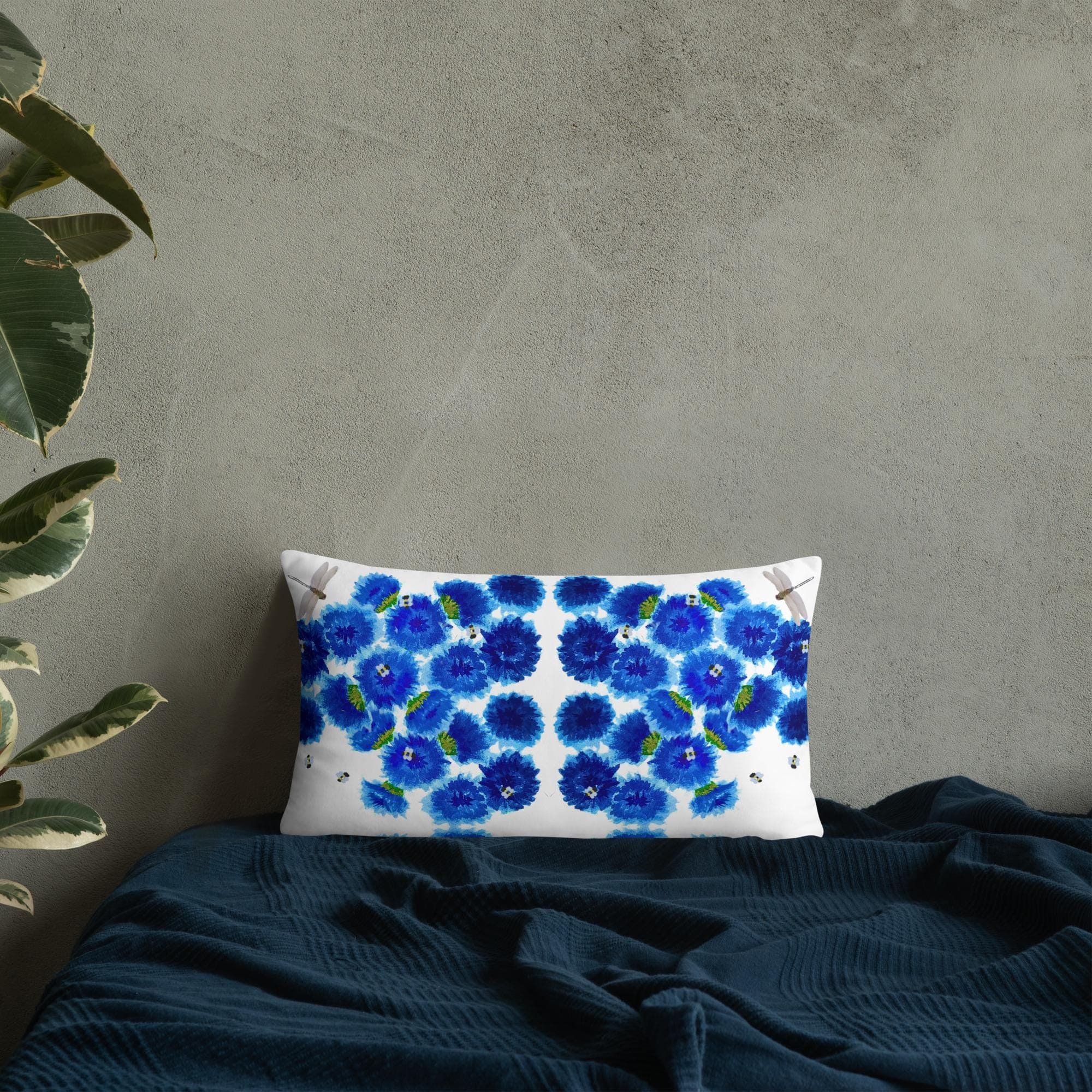 Bachelors Buttons Blue Lumbar Pillow, Small Back Support Pillow, Rectangular Botanical Pillow, Modern Throw Pillow