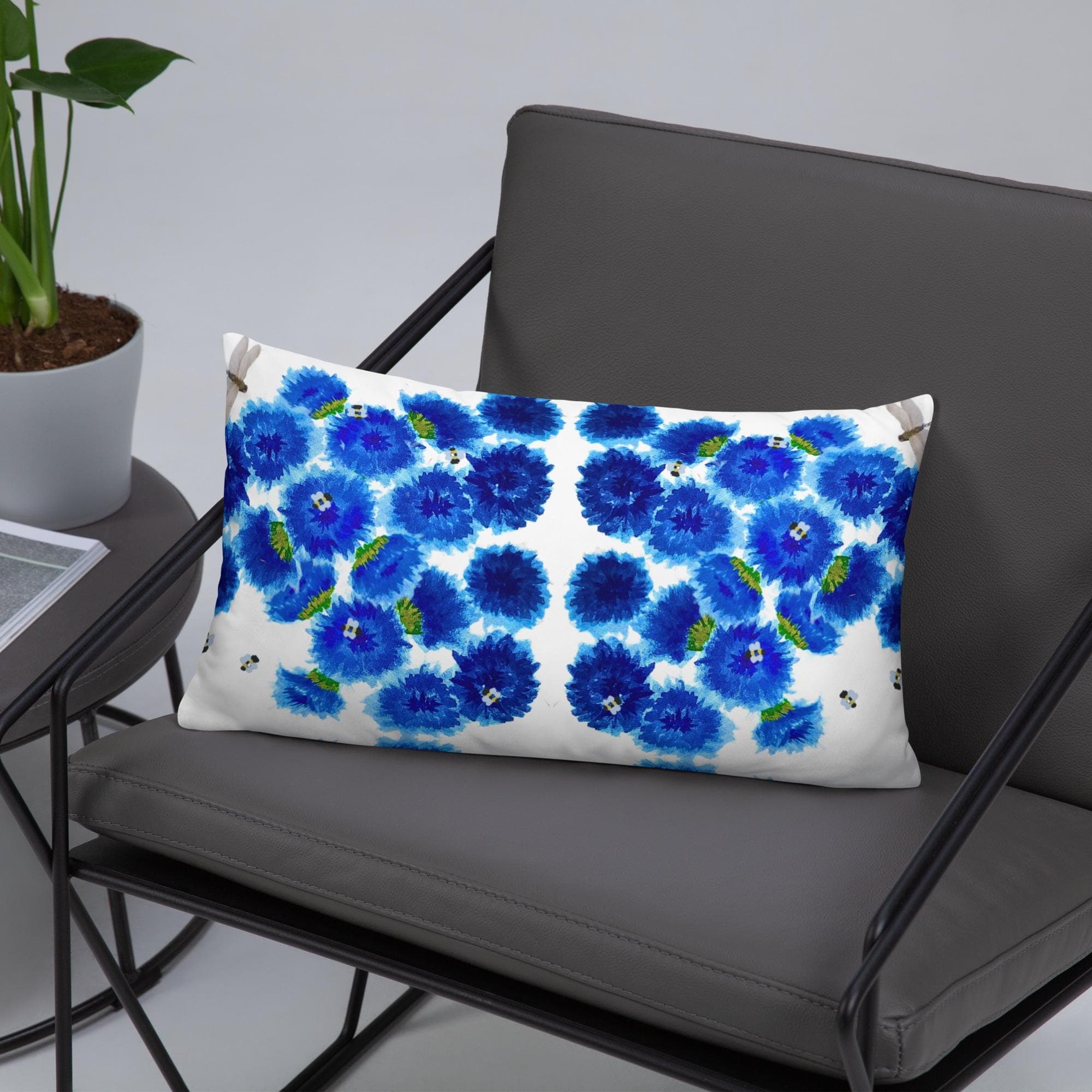 Blue Bachelors Buttons Lumbar Pillow: Modern Botanical Throw Pillow