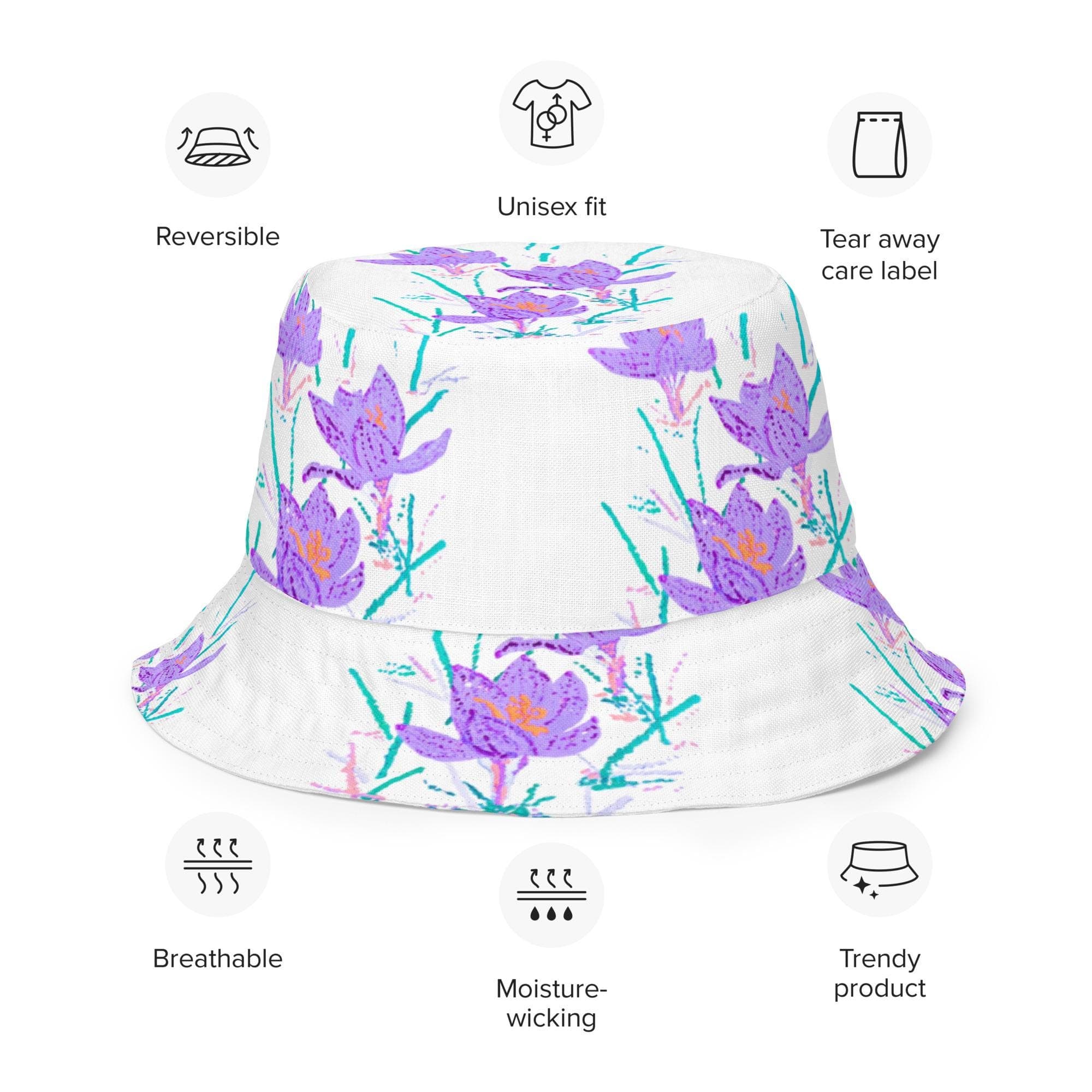 Crocus Flower Reversible Bucket Hat, Wide Brim Gardening Hat, Vacation Beach Wear, Hiking Hat