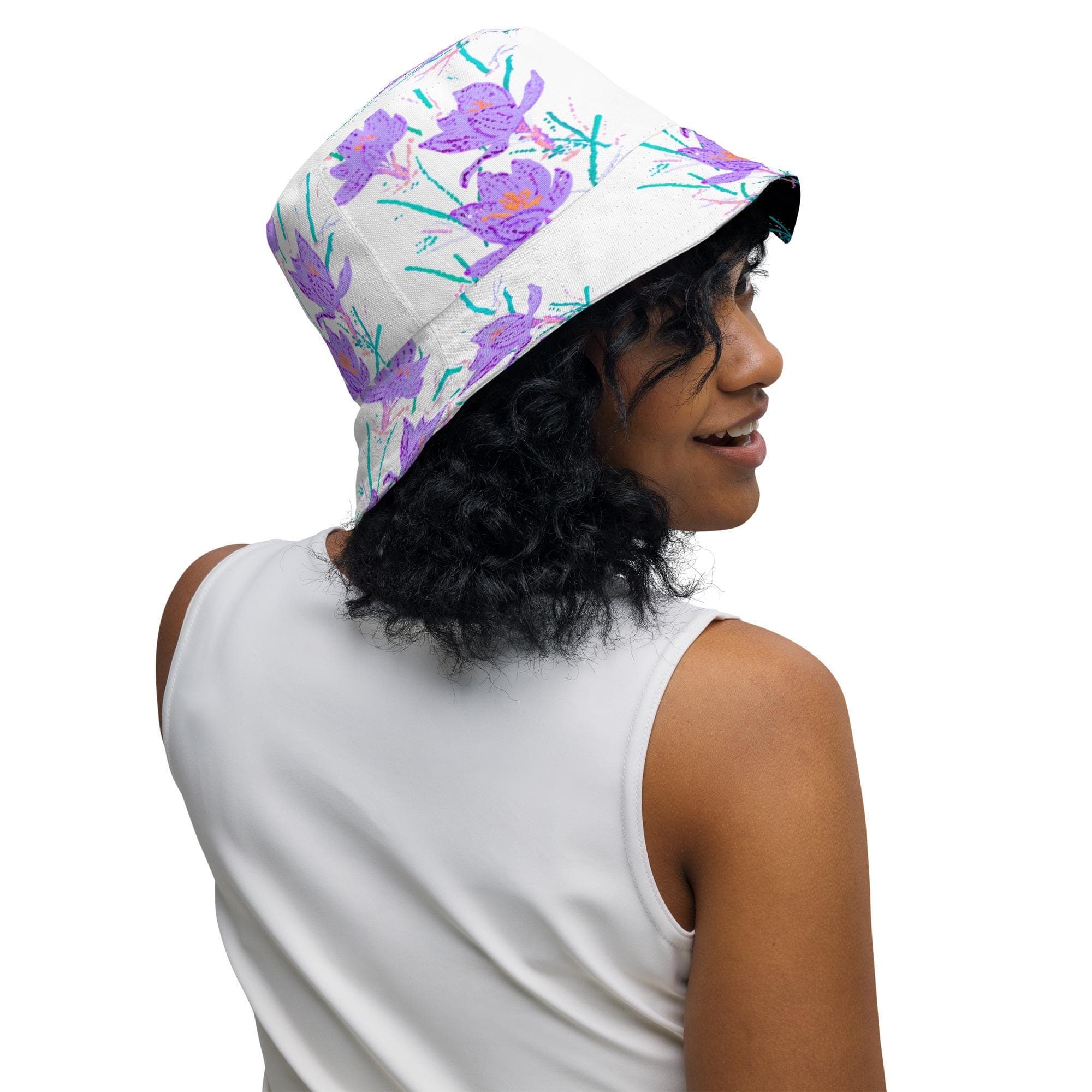 Crocus Flower Reversible Bucket Hat, Wide Brim Gardening Hat, Vacation Beach Wear, Hiking Hat