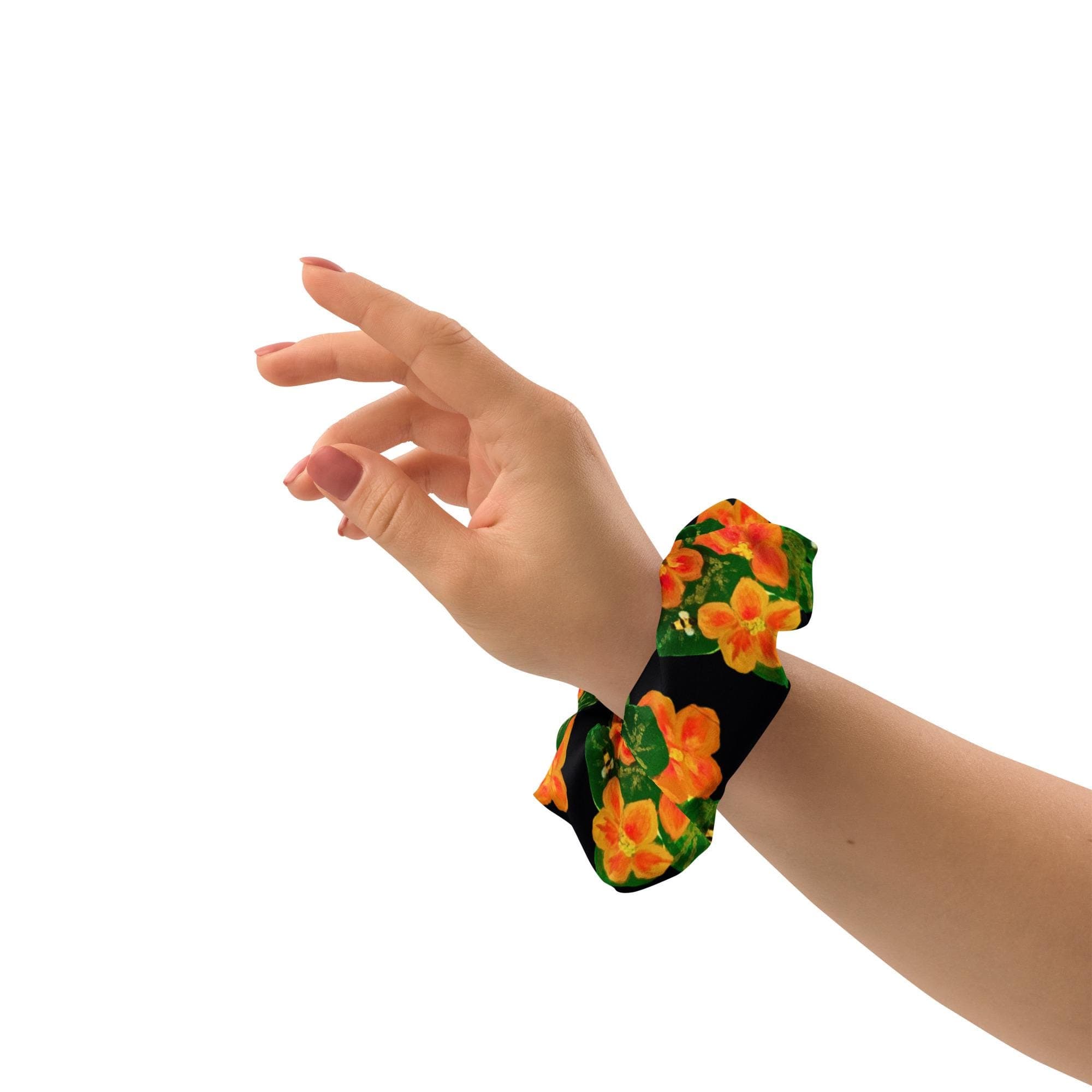 Bright Floral Orange Recycled Scrunchie, Girls Cute Ponytail Holder, Large Bow Hair Cuff