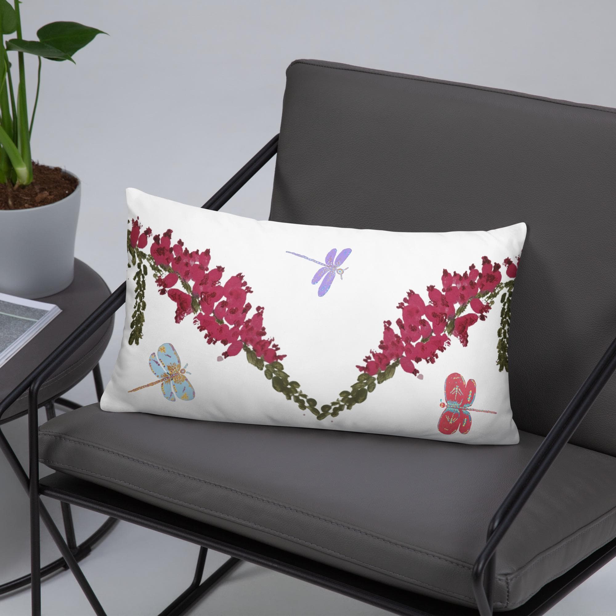 Heather Flower with Dragonflies Modern Lumbar Pillow, Colorful Spring Botanical Throw Pillow