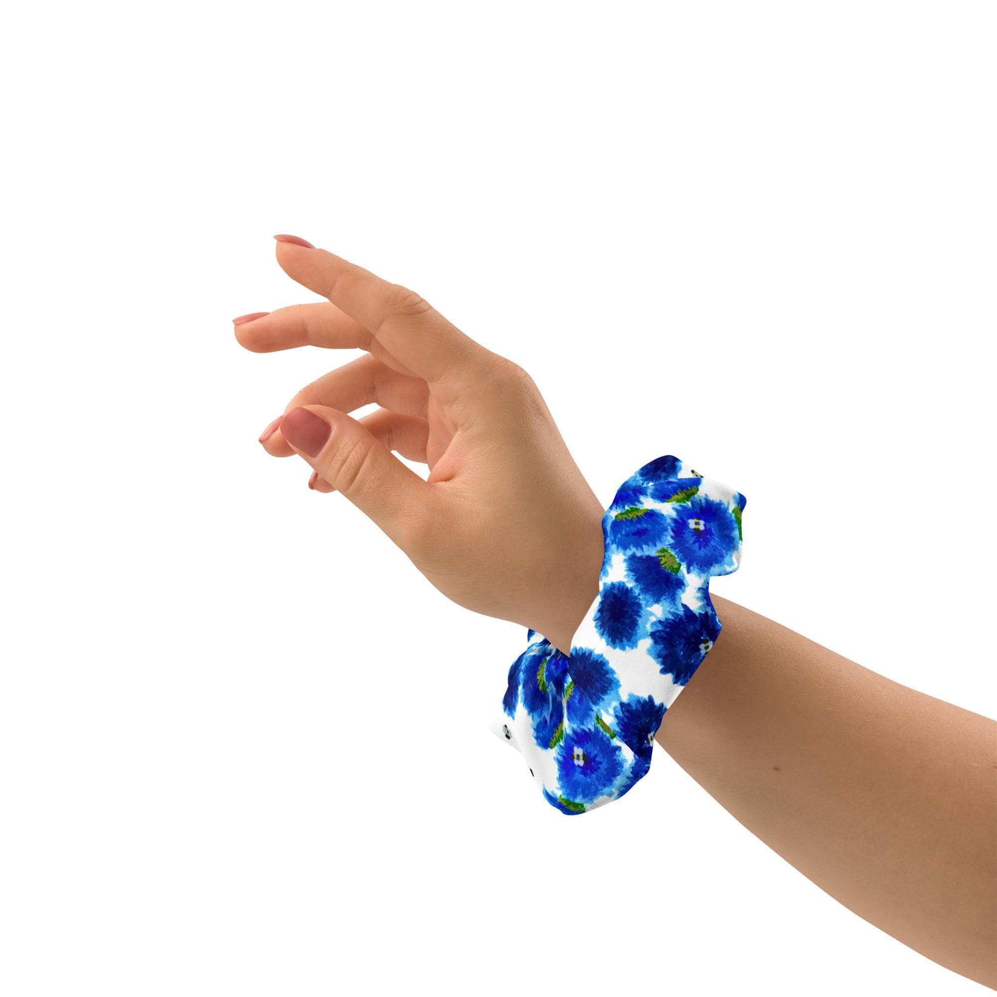 Blue Bachelor Buttons Recycled Bow Scrunchie, Oversized Ponytail Holder, Cute Floral Hair Tie