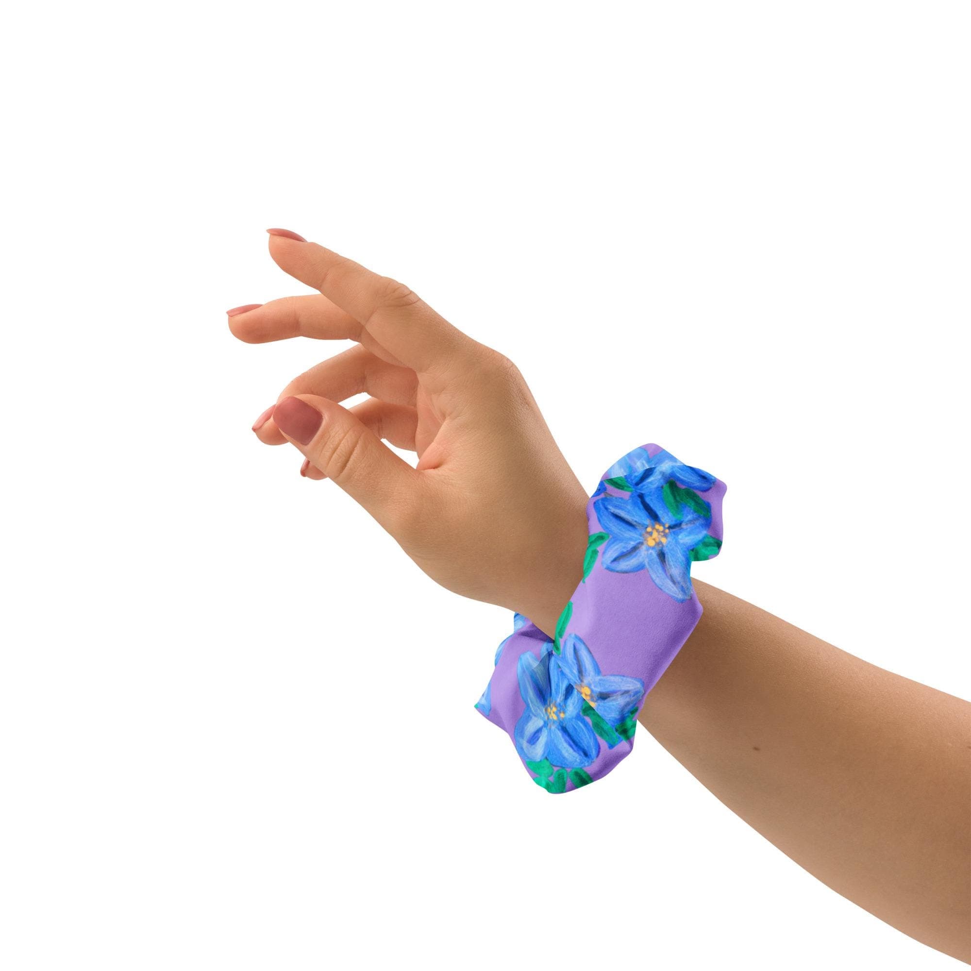 Purple Forget Me Not Floral Ponytail Holder, Large Recycled Bow Scrunchie, Girls Cute Hair Cuff