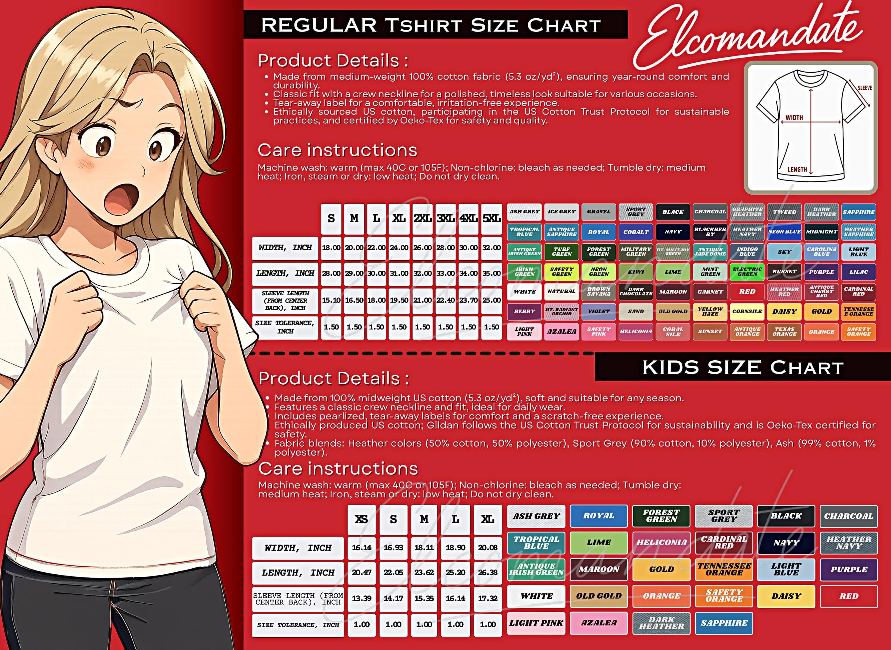 The image is a detailed chart that provides information about a regular t-shirt size chart, including product details, care instructions, and a kids size chart.