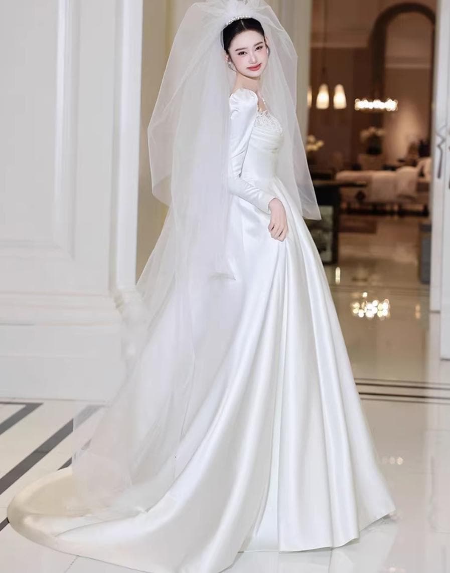 Minimalist Satin Wedding Dress, Long Sleeve Bridal Gown with Lace Square Neckline, Classic A-Line Modest Dress, Vintage Inspired Gow - image 5