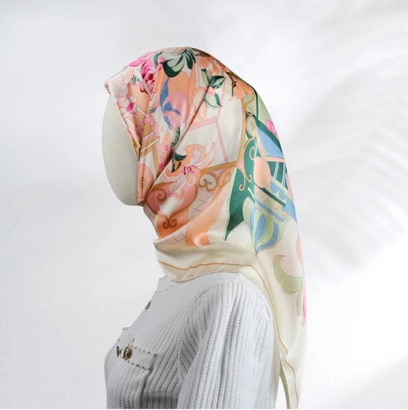 Floral Print Silk Scarf, Bohemian Botanical Head Scarf, Large Square Lightweight Shawl, Elegant Neck Scarf Gift For Women, 90cmx90cm - image 3