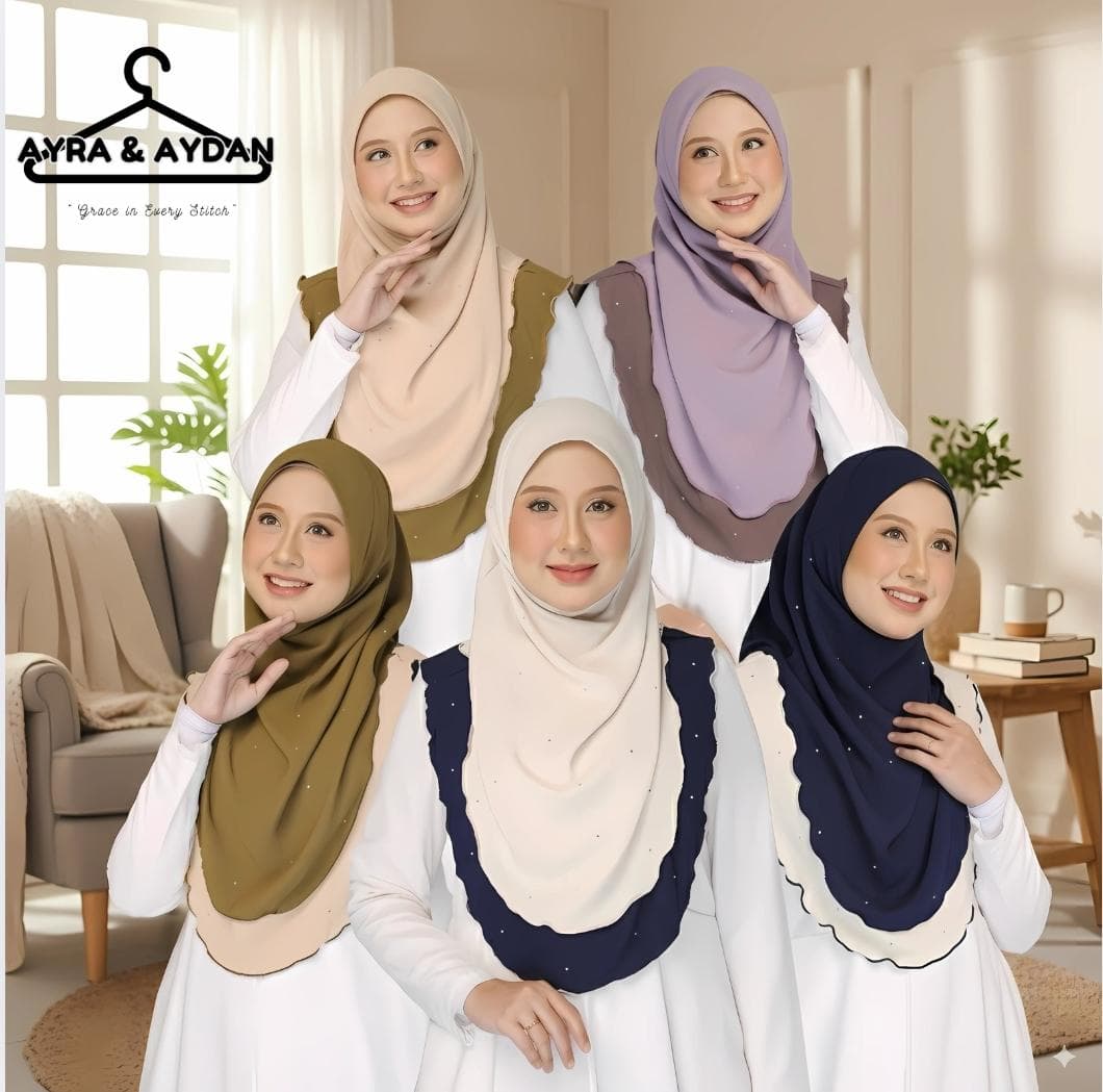 Embellished 2 Colors Hijab, Instant Rhinestone Chiffon Scarf for Women, Scalloped Edge Two-Layer Tudung, Islamic Headwear, Eid Gift