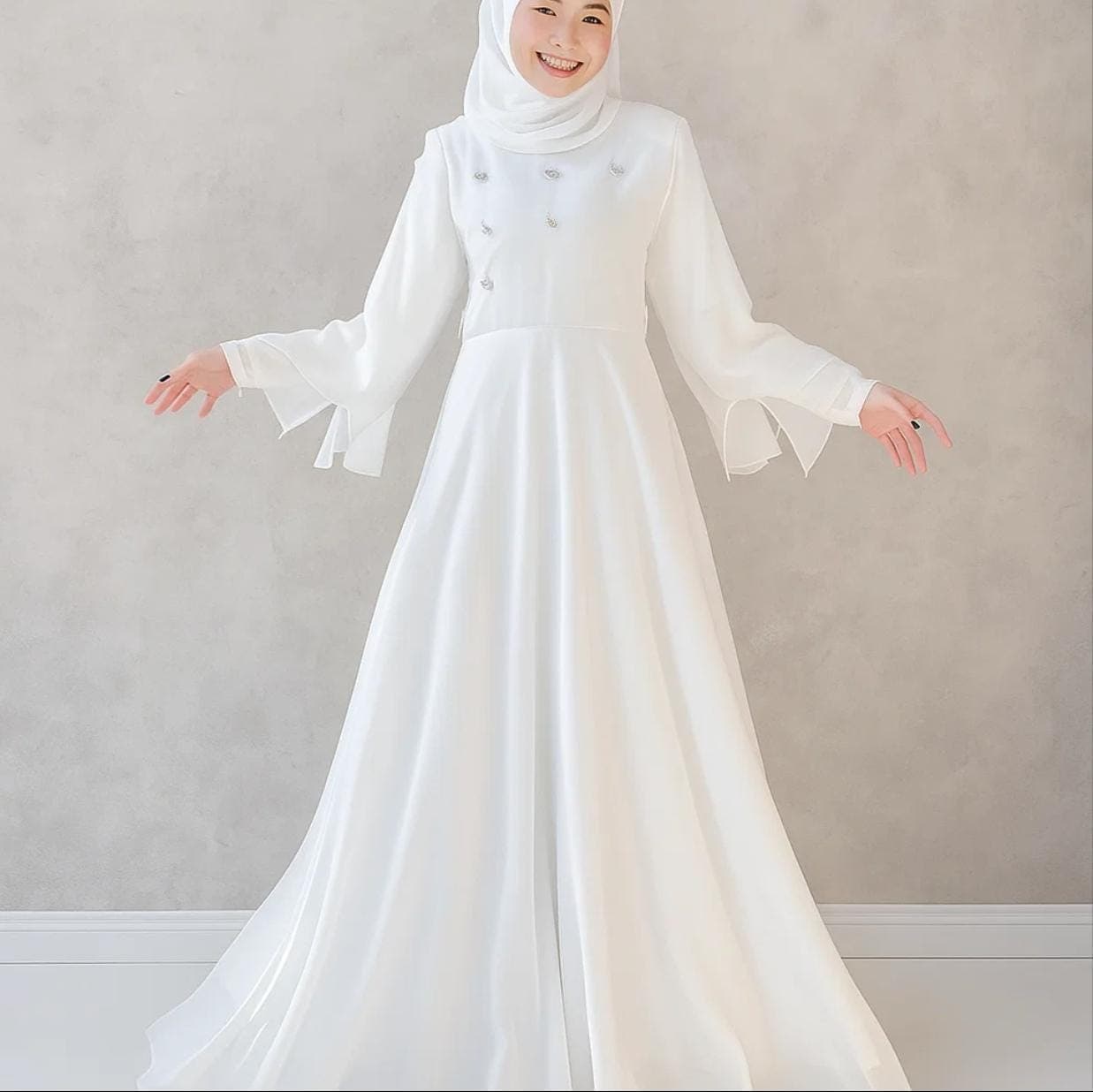 White Muslim Wedding Dress: Ceruty Babydoll Abaya with Pearl Accents - image 5