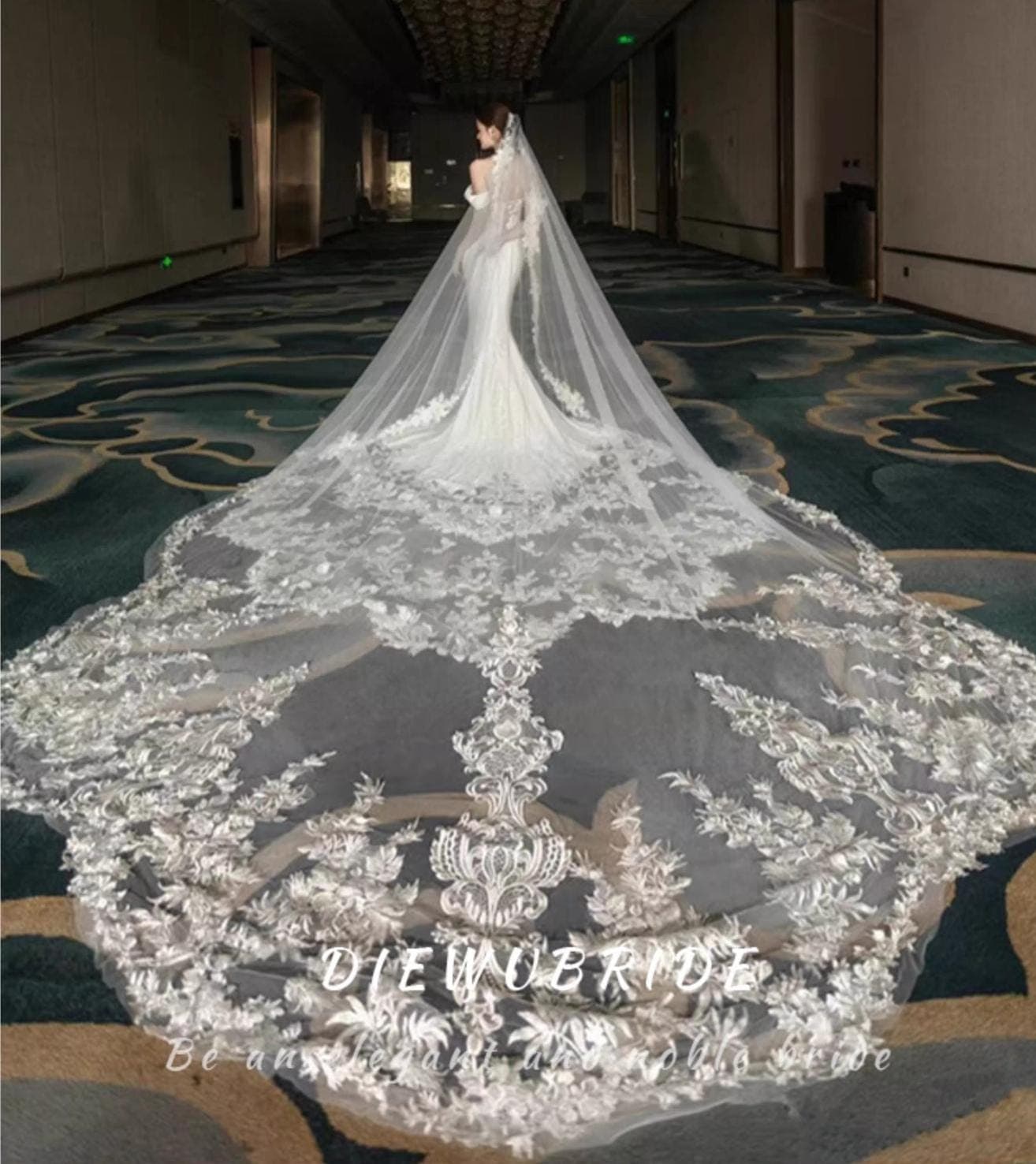Elegant 350 CM Long Train Lace Wedding Veil | Off White Bridal Veil with French Lace Edges, Perfect Bride Gift - image 5