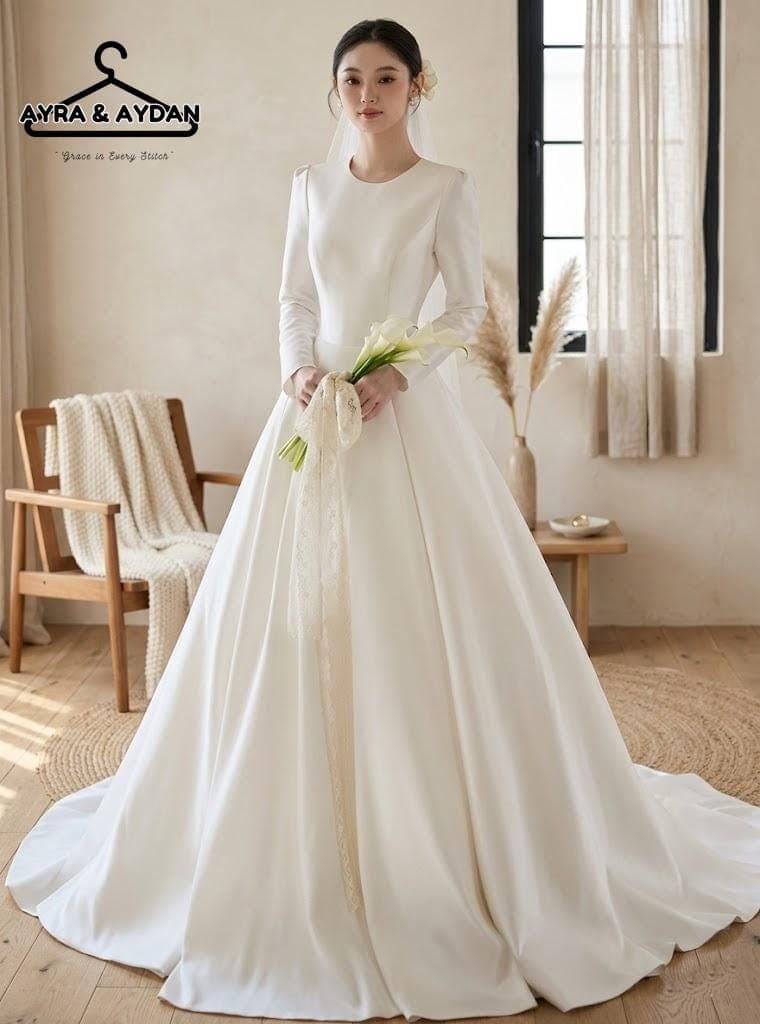 Elegant French Style Minimalist Modest Satin Wedding Gown with Long Sleeves