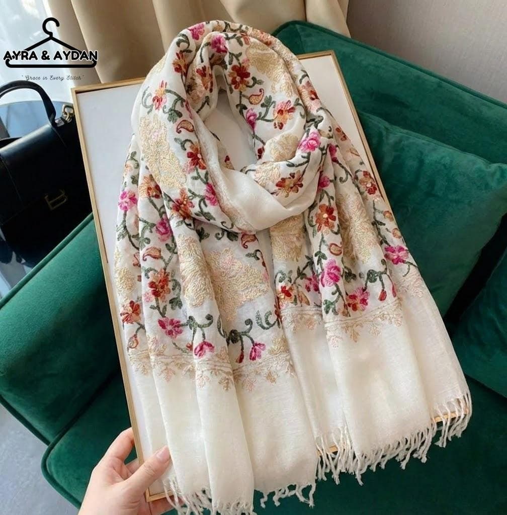 Embroidered Floral Pashmina Shawl - Ivory Wool Winter Scarf for Women, Boho Wedding Wrap, Luxury Handcrafted Floral Stole, Gift for Her