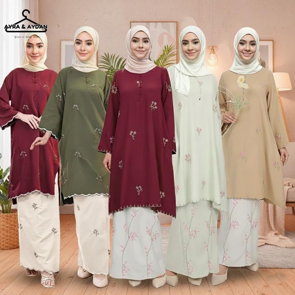 Malaysia Baju Kurung Embroidery Set | Nursing Friendly Baju Kurung  | Floral Modest Wear | Hari Raya Eid Outfit | Muslimah Two-Piece Suit