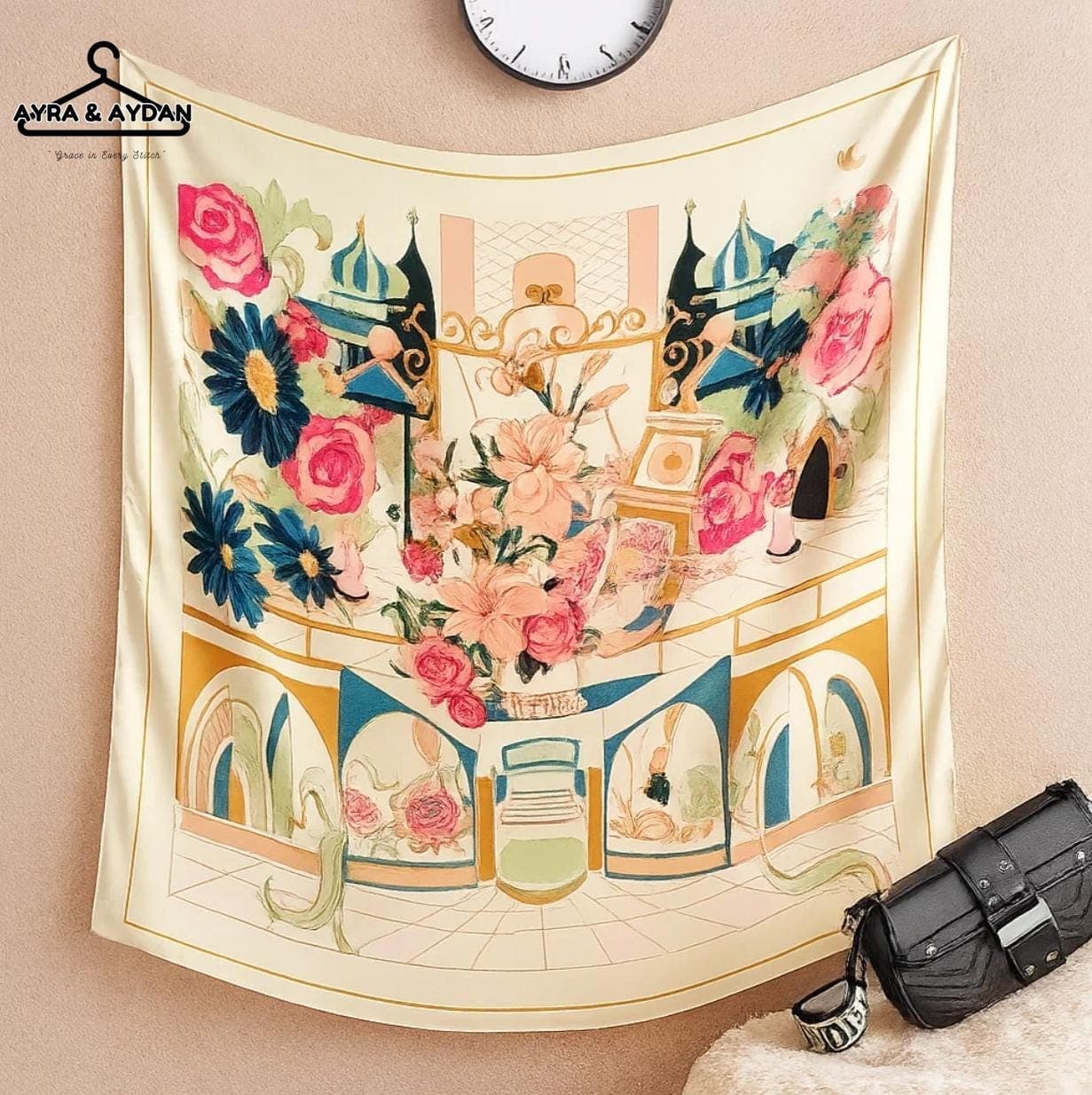 Floral Print Silk Scarf, Bohemian Botanical Head Scarf, Large Square Lightweight Shawl, Elegant Neck Scarf Gift For Women, 90cmx90cm