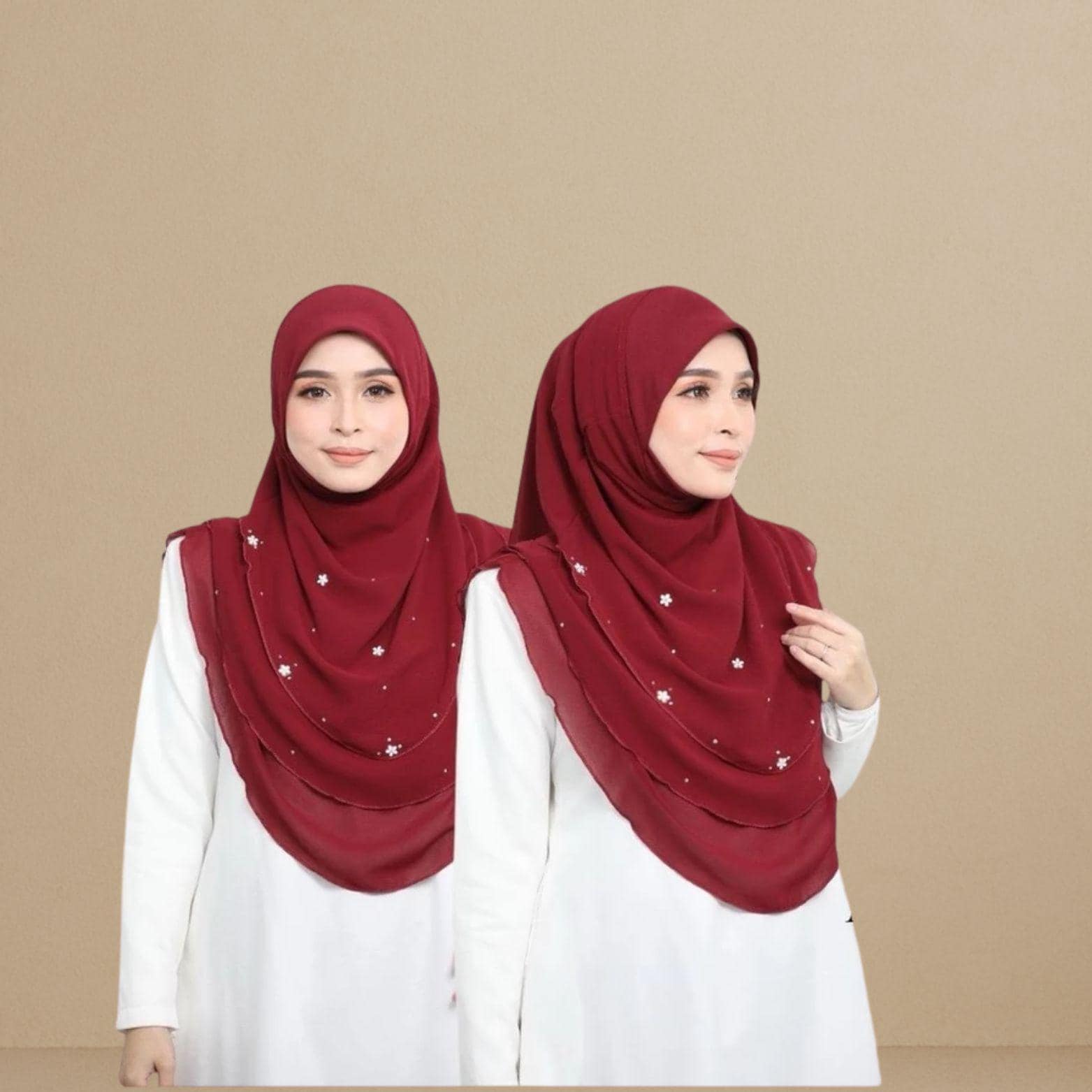 3-Layer Chiffon Awning Hijab with Scuba Awning, Beaded Stone Accents | Neatly Stitched Edges | Slip on Instant Hijab | 20 Colors Options - image 4