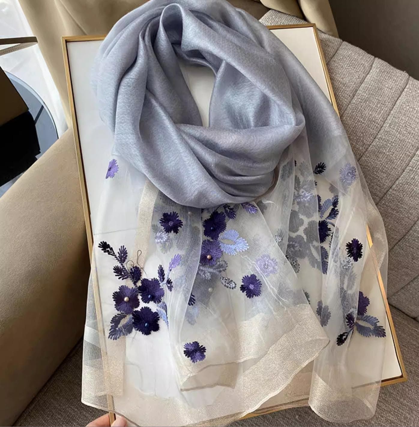 Luxury Organza Silk Scarf with Pearls, 3D Floral Embroidery Wrap, White Sheer Headscarf, Vintage Style Summer Shawl, Handmade Gift for Her - image 5