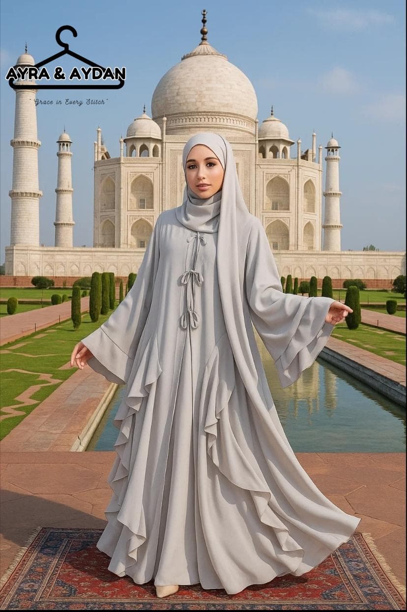 Chiffon Outer Abaya Set with Shawl | Modest Muslim Wear | Adjustable Ribbon & Semi-Curved End Shawl