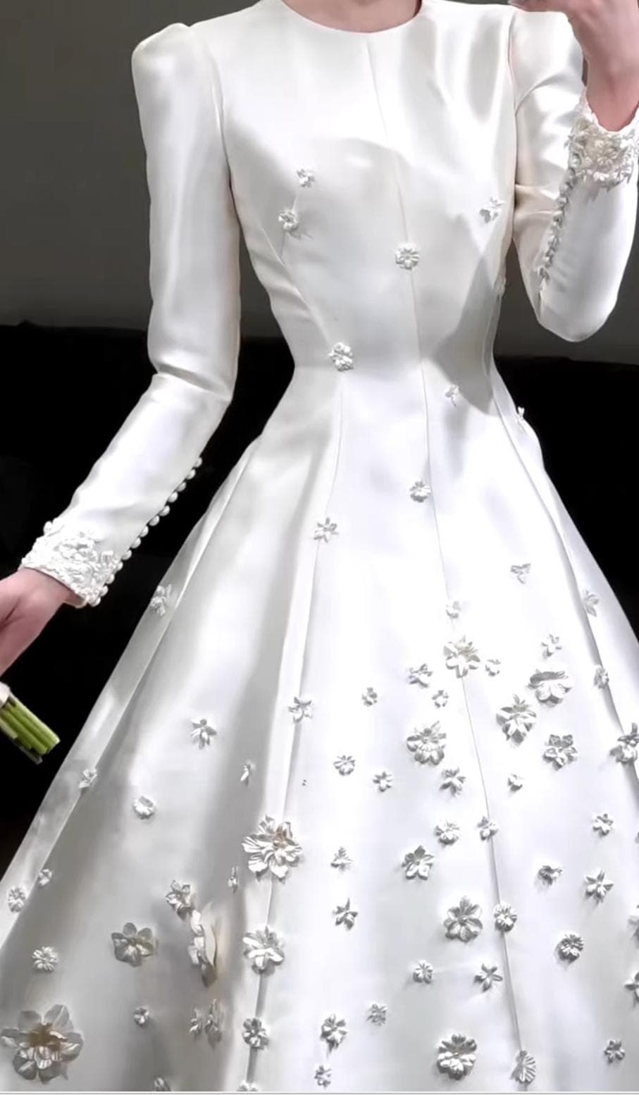 Modest Satin Wedding Dress, Long Sleeve Muslim Bridal Gown with 3D Floral Applique, High Neck A-Line Hijab Friendly Dress, Elegant Bridal - image 4