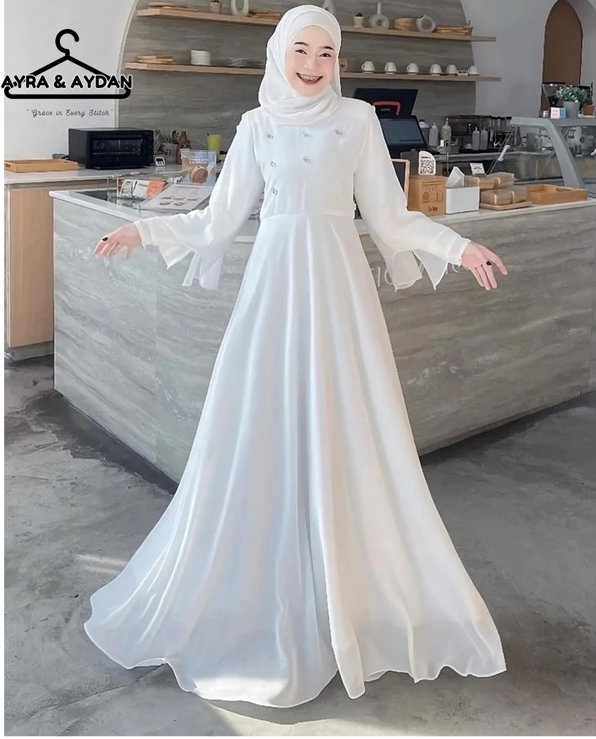 White Muslim Wedding Dress: Ceruty Babydoll Abaya with Pearl Accents