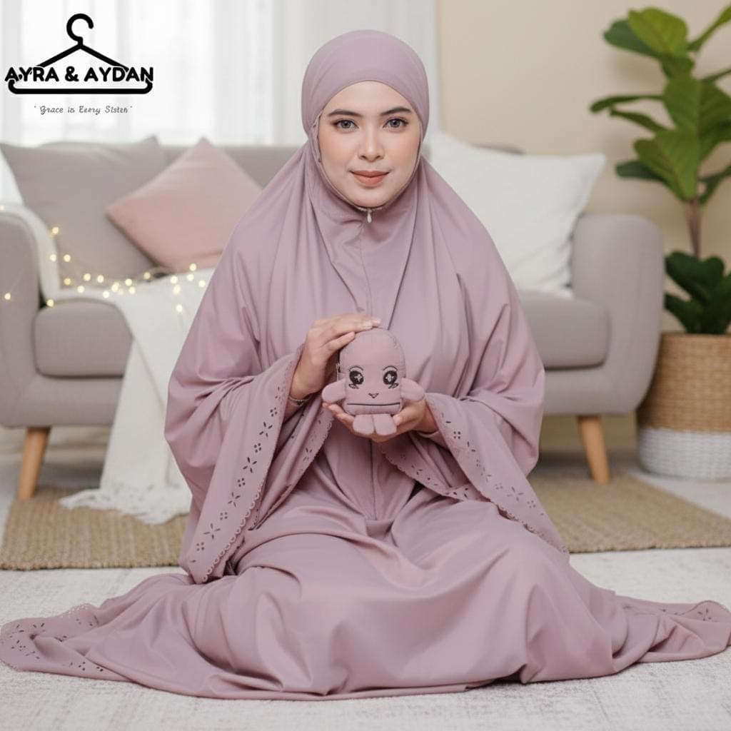 Lightweight Travel Telekung with Cute Cartoon Shaped Pouch, Laser Cut Mukena Prayer Set, Portable Prayer Garment, Islamic Gift for Her - image 3