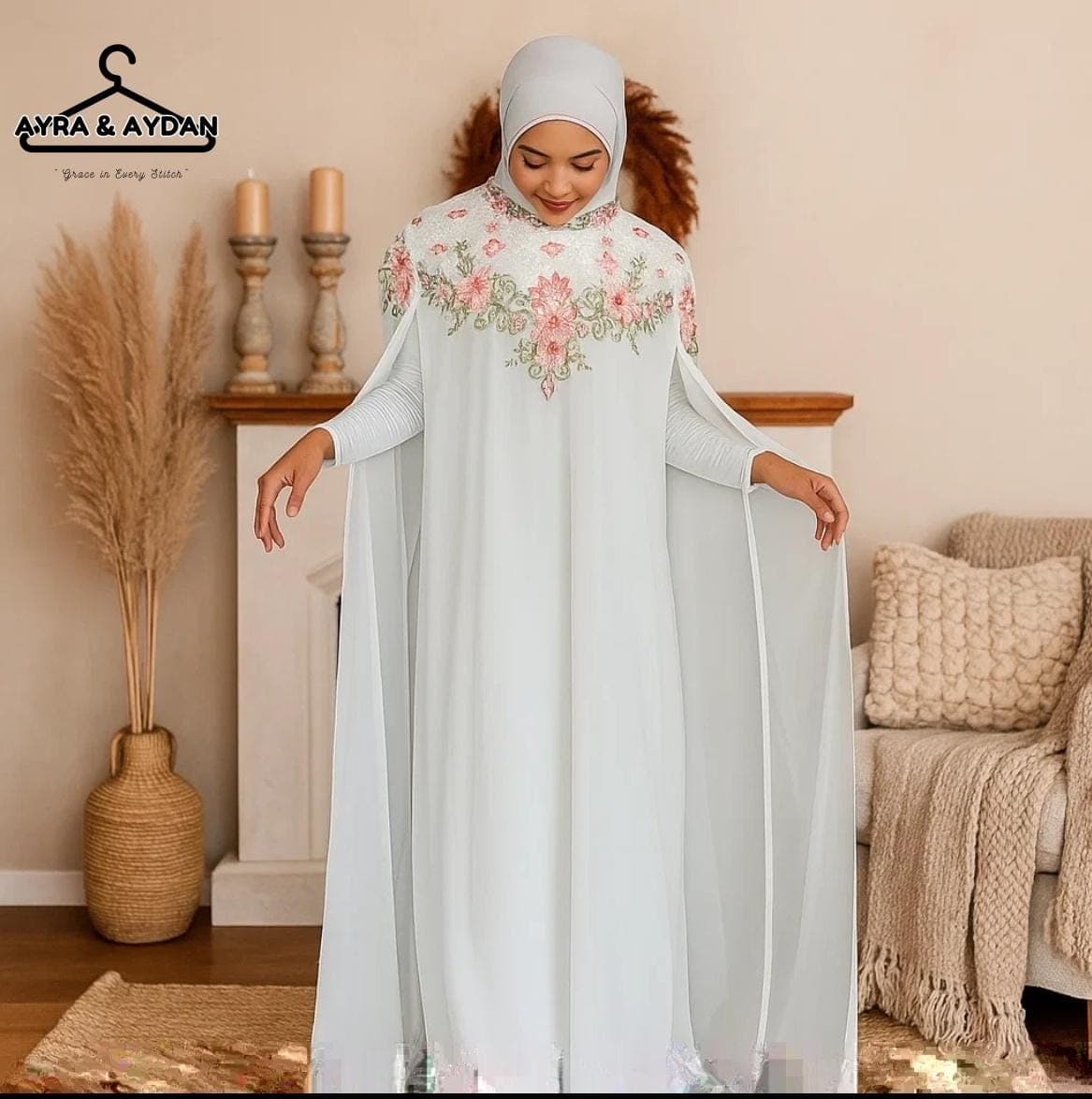 Elegant White Kaftan Dress with Cape, Floral Embroidered Abaya for Women, Modest Islamic Wedding Gown, Formal Eid Outfit, Nikah Attire