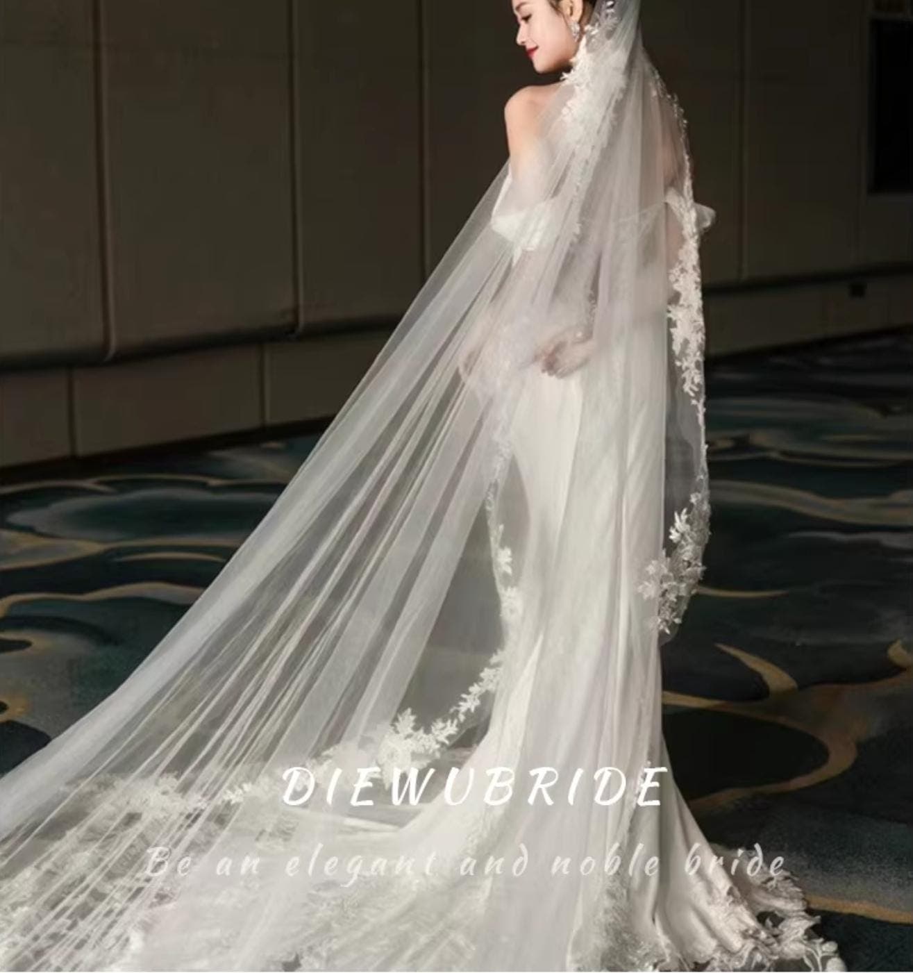 Elegant 350 CM Long Train Lace Wedding Veil | Off White Bridal Veil with French Lace Edges, Perfect Bride Gift - image 4