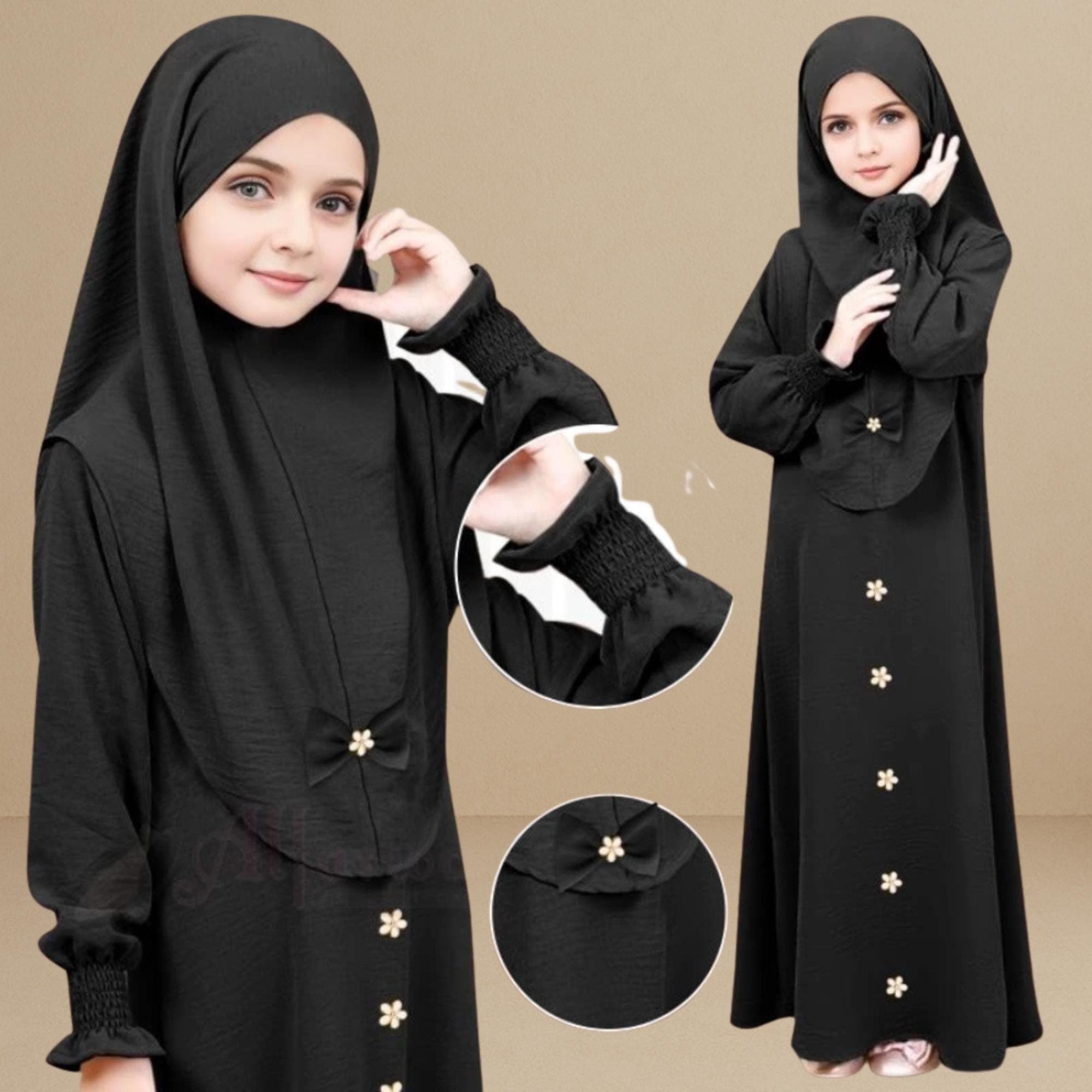Ironless Kids’ Abaya Set with Front Diamond Star & Free Hijab – Ages 2-12 | 12 Color Options - image 5