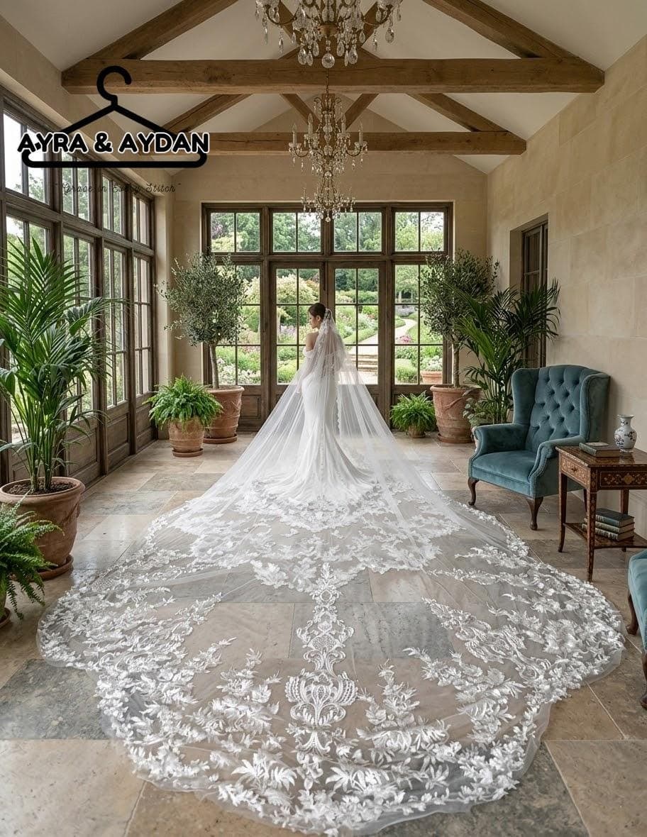 Elegant 350 CM Long Train Lace Wedding Veil | Off White Bridal Veil with French Lace Edges, Perfect Bride Gift